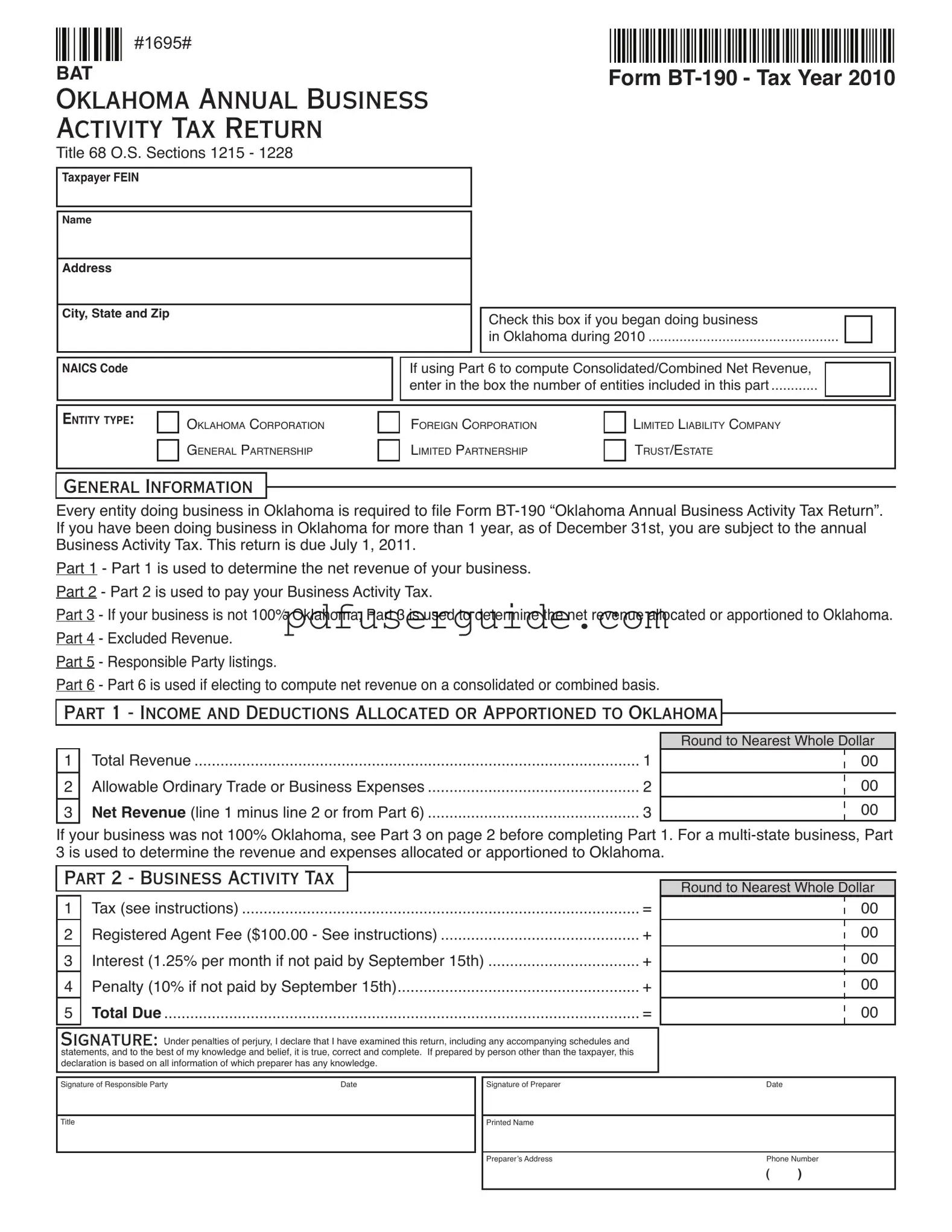 Free Oklahoma Bt 190 Form in PDF