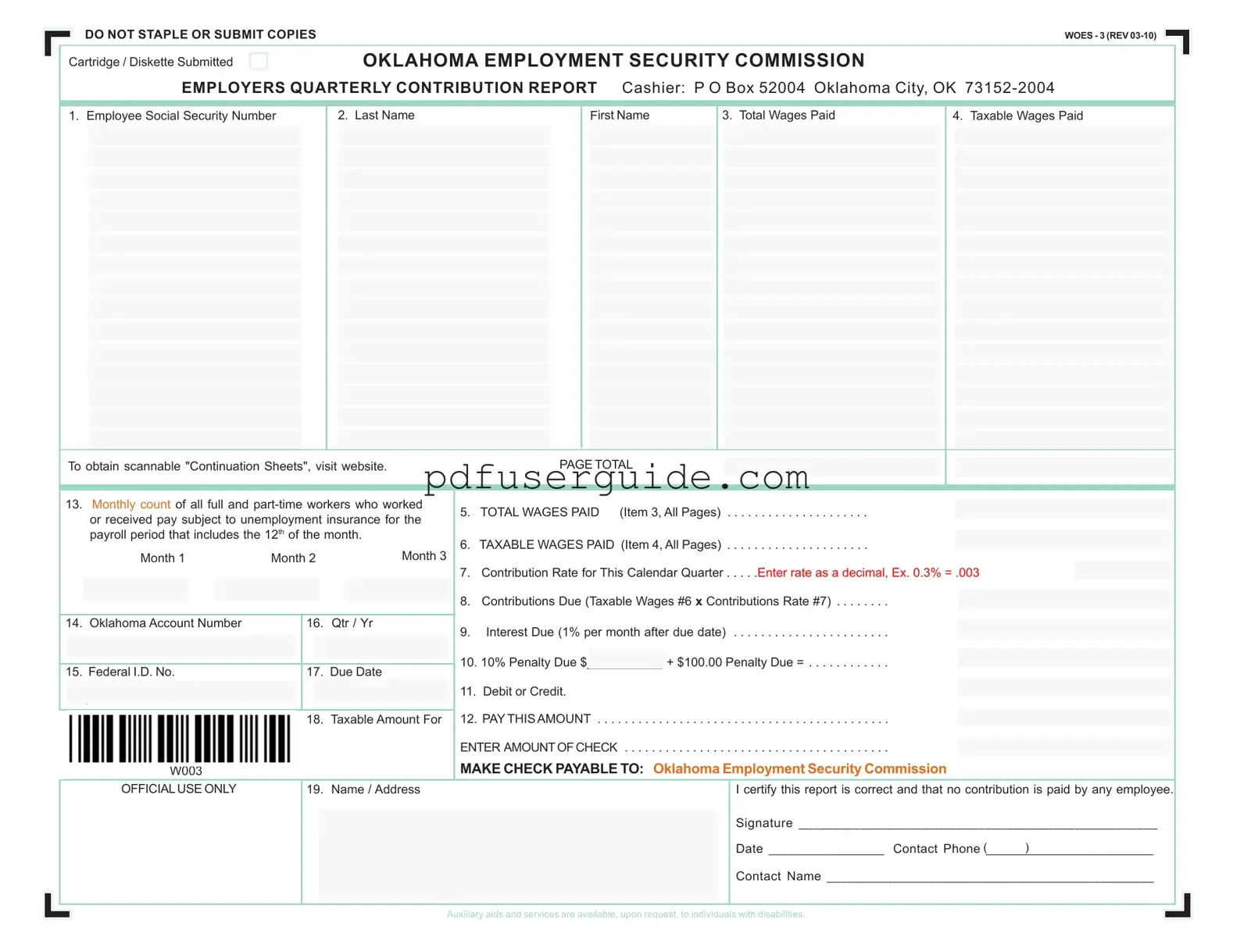 Free Oklahoma Quarterly Contribution Report Form in PDF