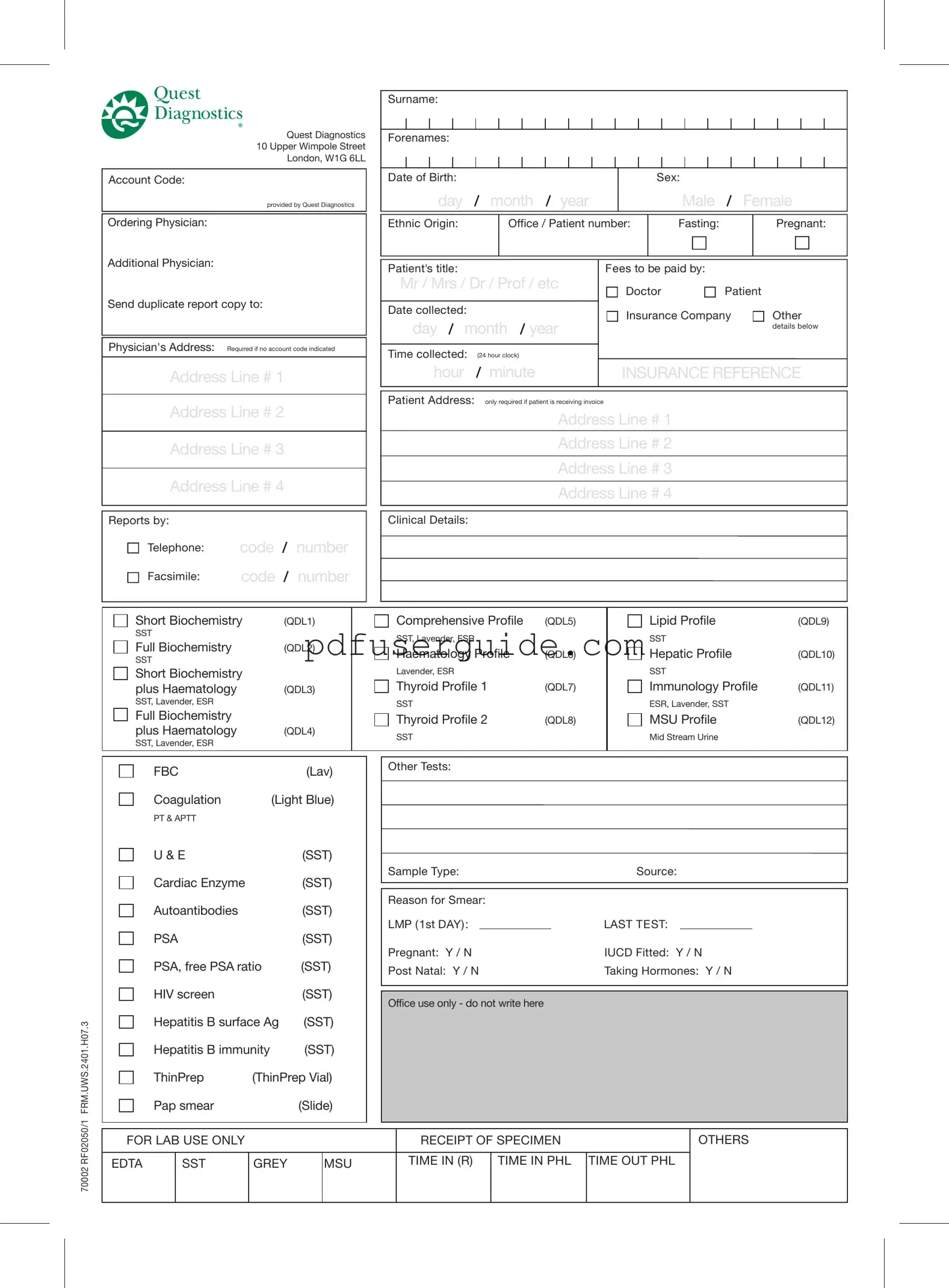 Free Order Quest Diagnostics Form in PDF