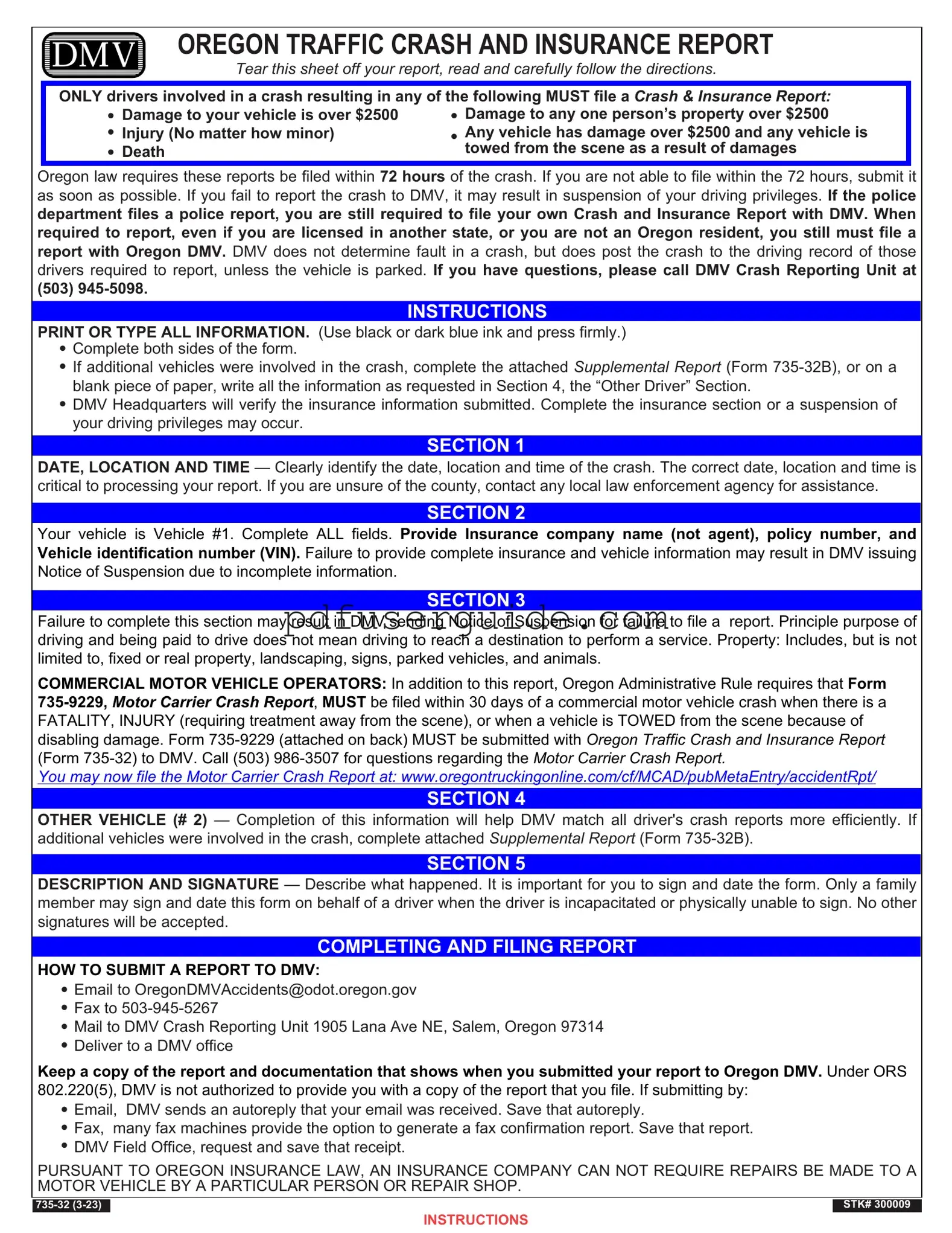 Free Oregon Dmv Accident Report Form in PDF