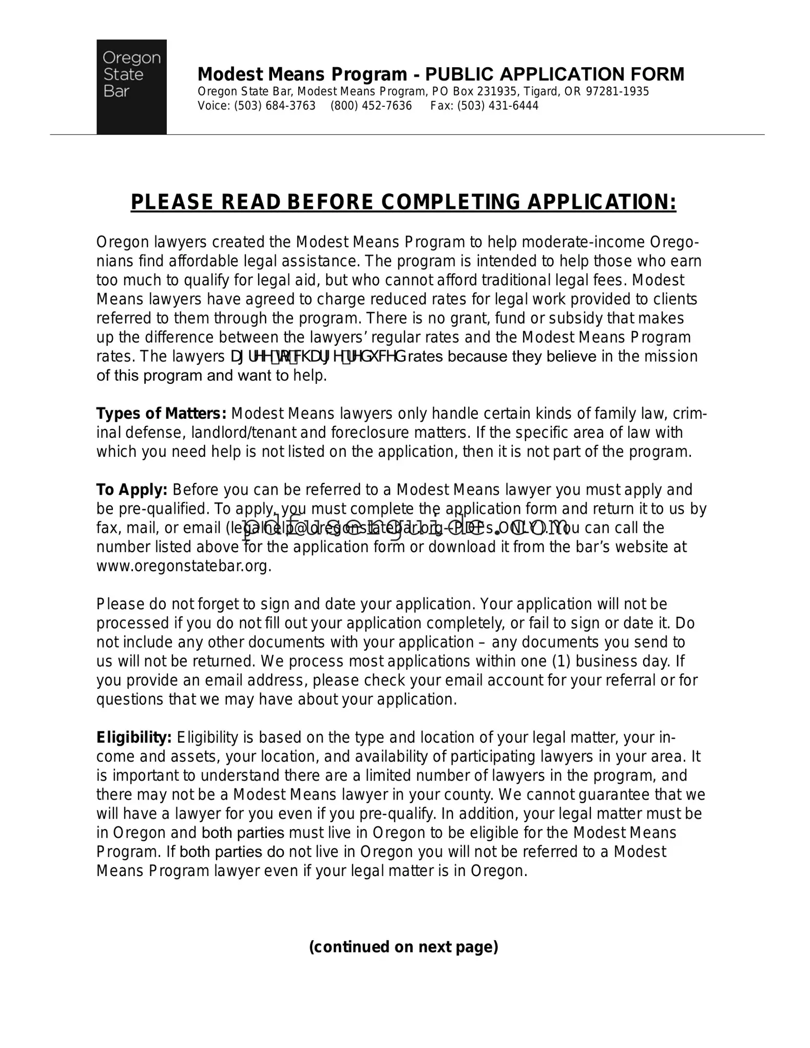 Free Oregon Modest Means Program Form in PDF