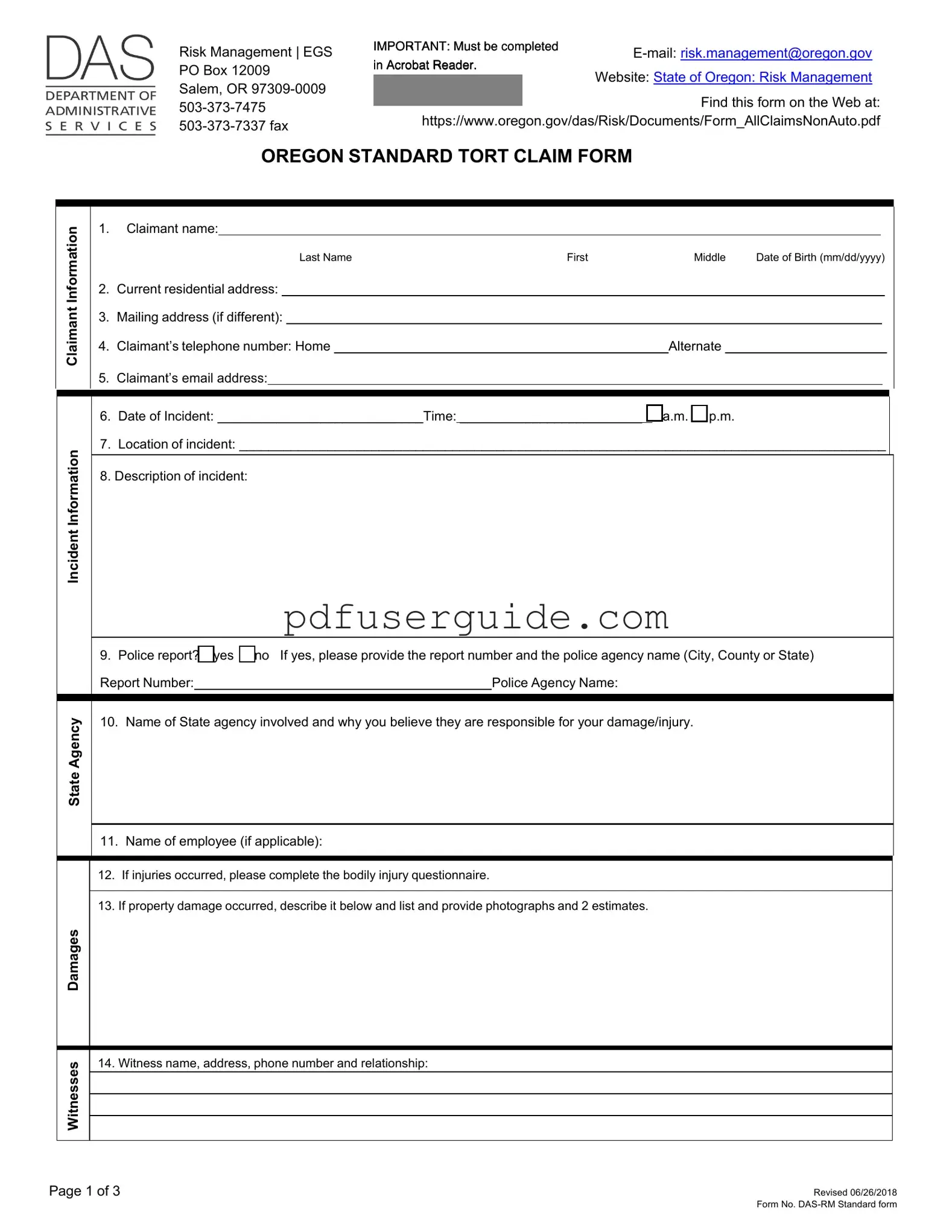 Free Oregon Tort Claim Form in PDF