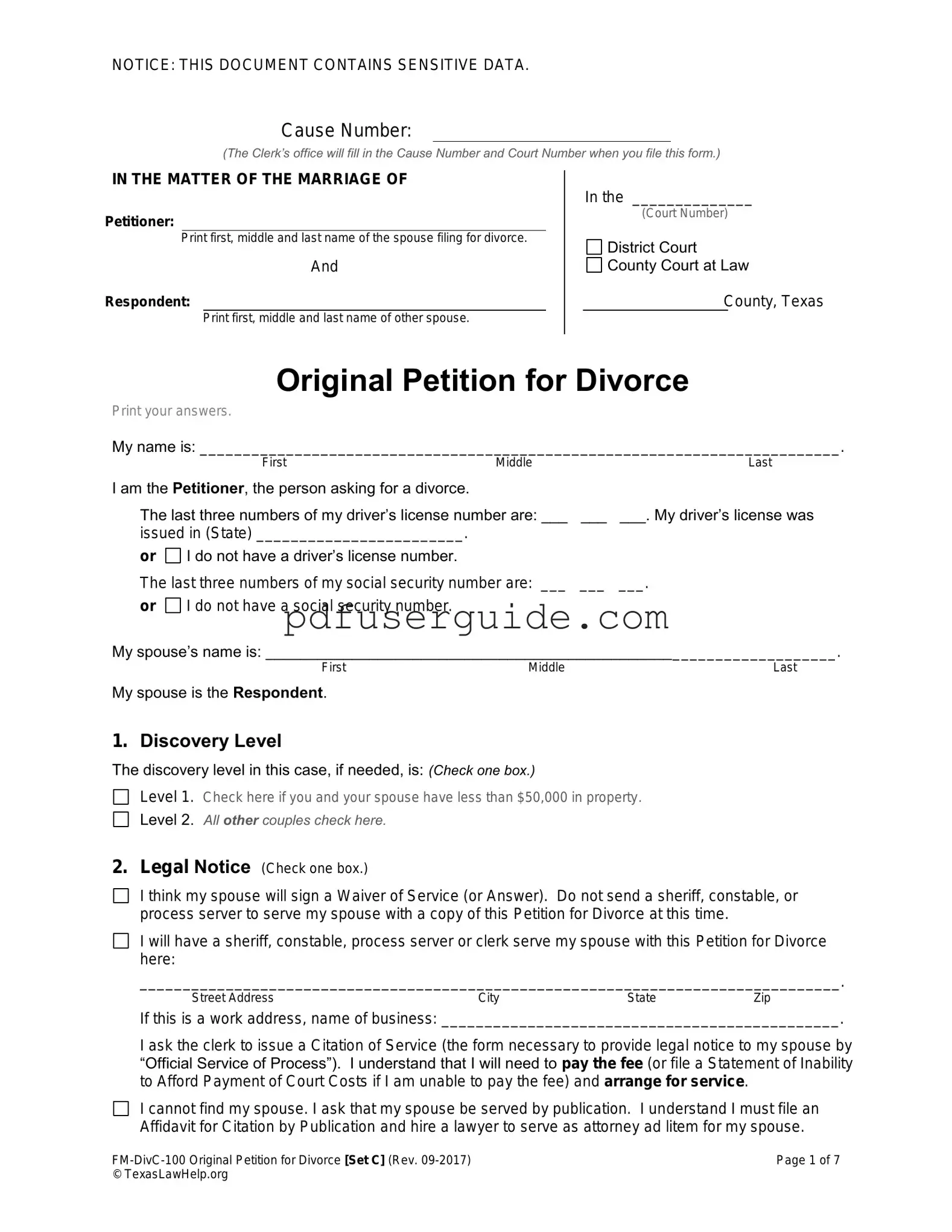 Free Texas Law Help FM-DivC-100 Original Petition for Divorce Set C Form in PDF