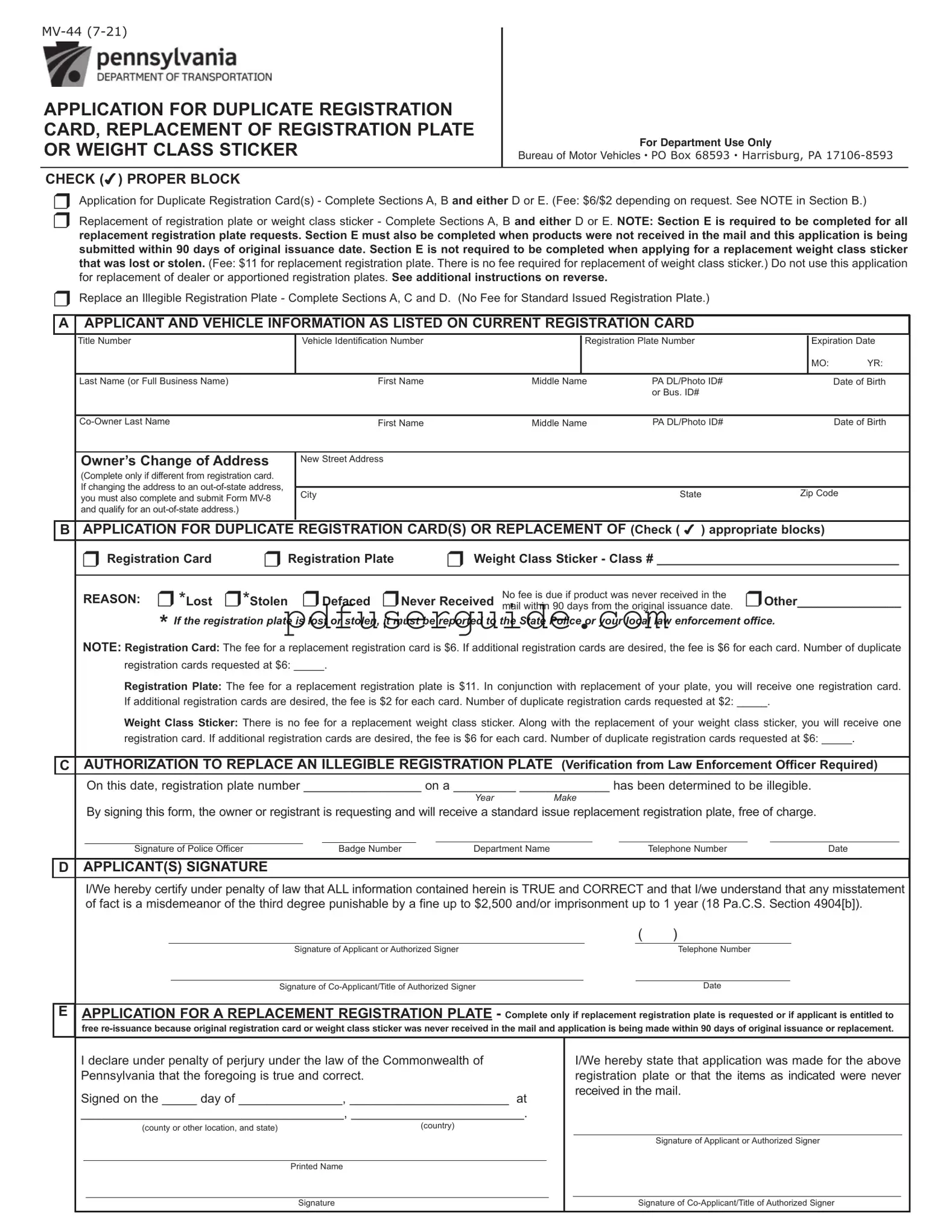 Free Pa Mv 44 Form in PDF