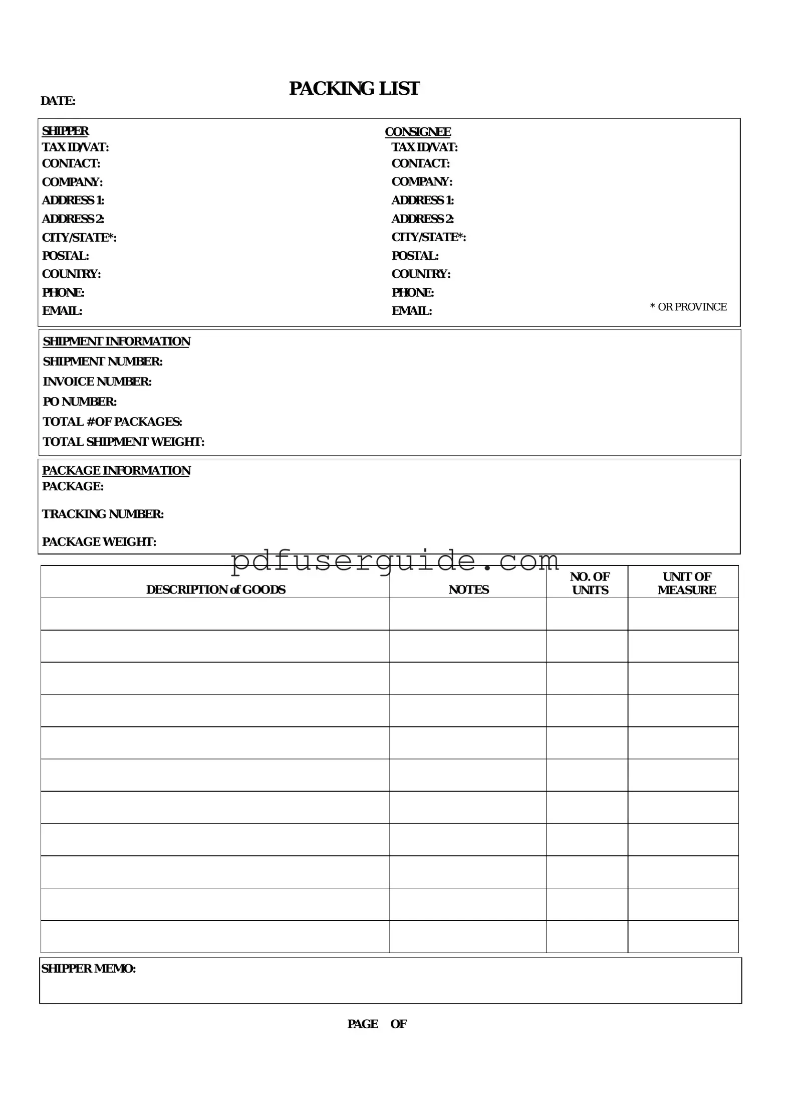 Free Packing List Form in PDF