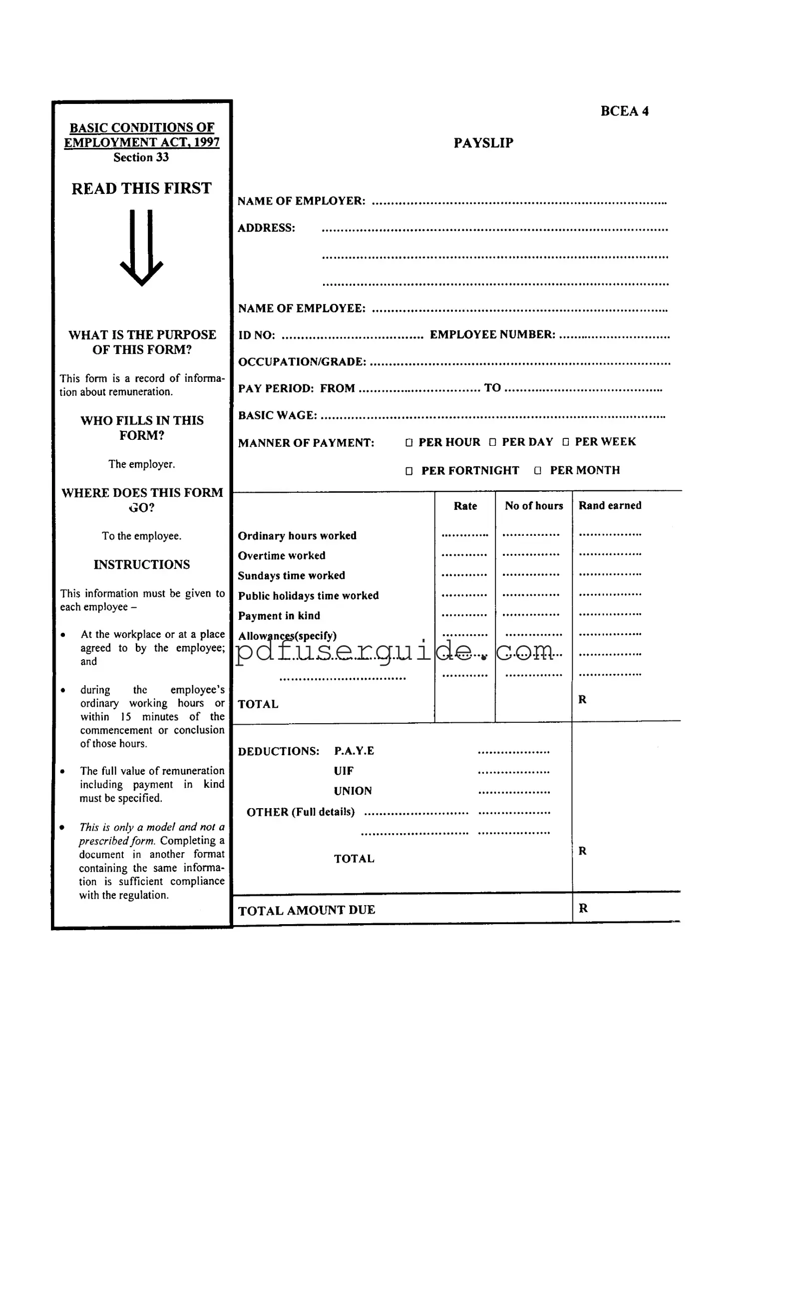 Free Payslip Bcea4 Form in PDF