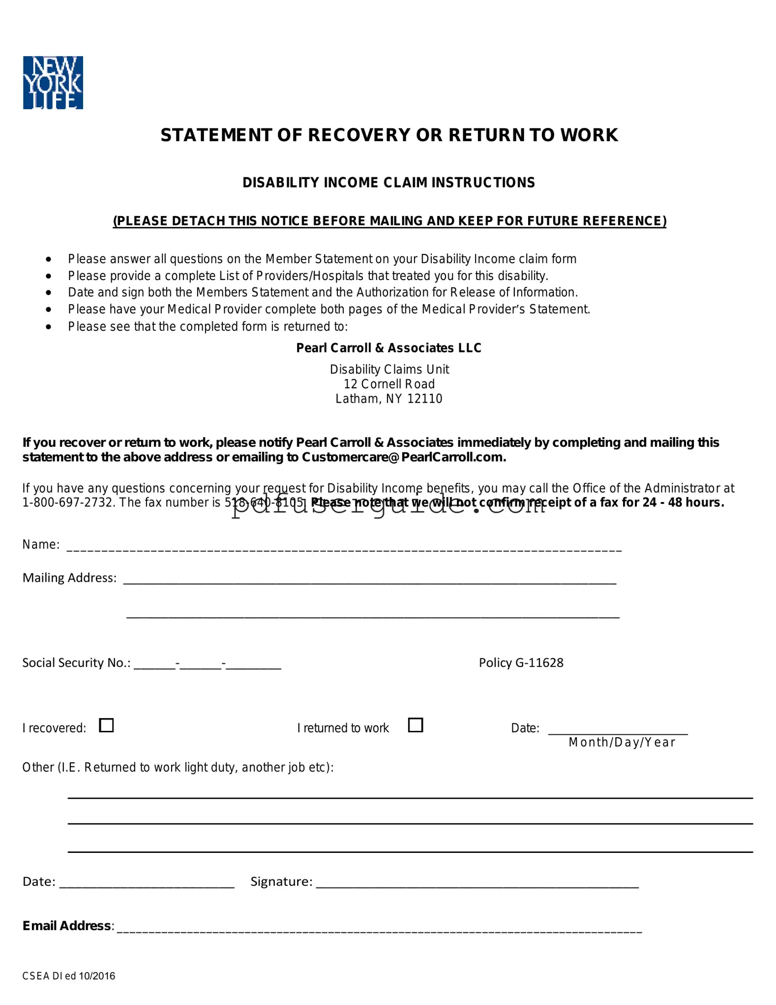 Free Pearl Carroll Disability Claim Form in PDF