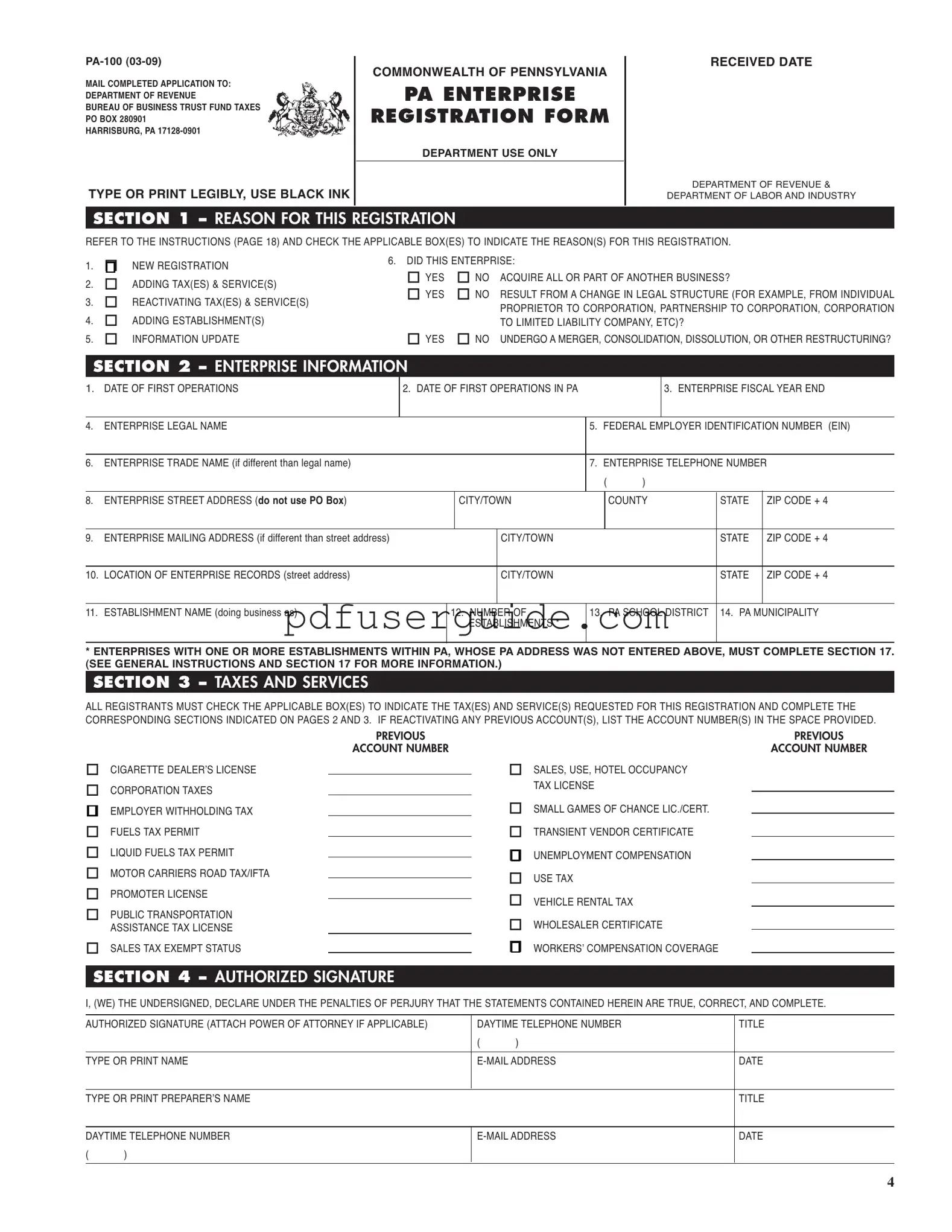 Free Pennsylvania Pa 100 Form in PDF