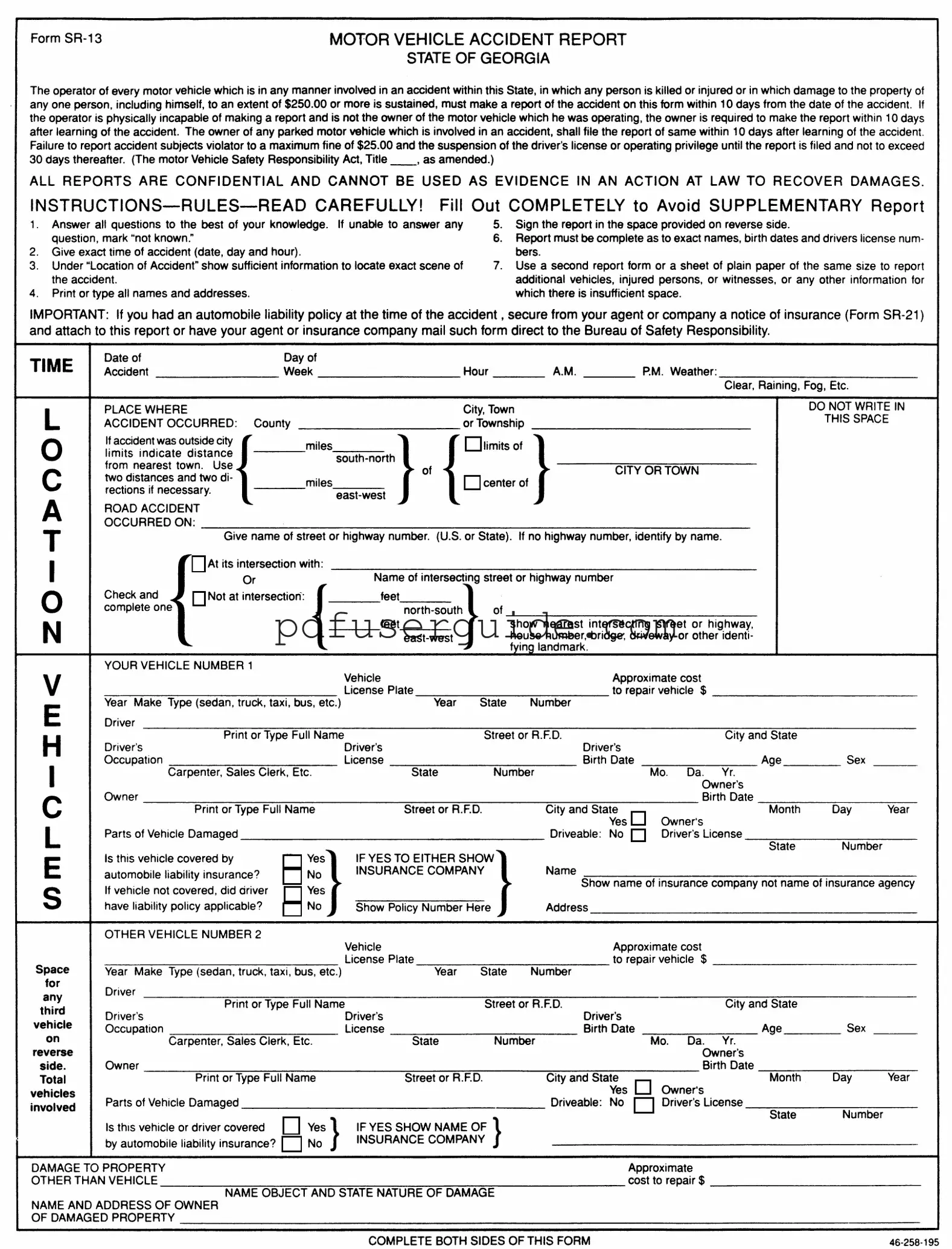Free Personal Accident Report Sr 13 Ga Form in PDF
