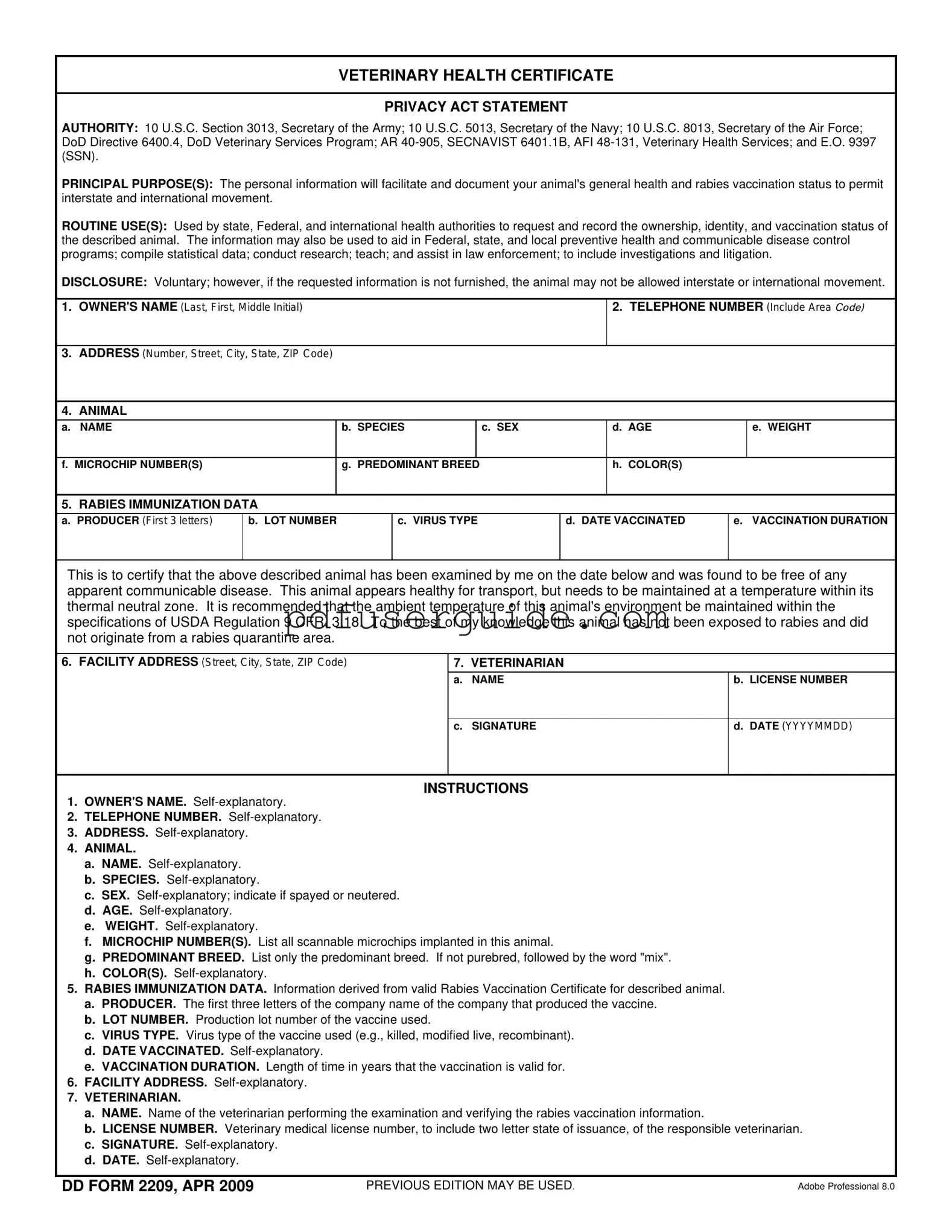 Free Pet Health Certificate Form in PDF