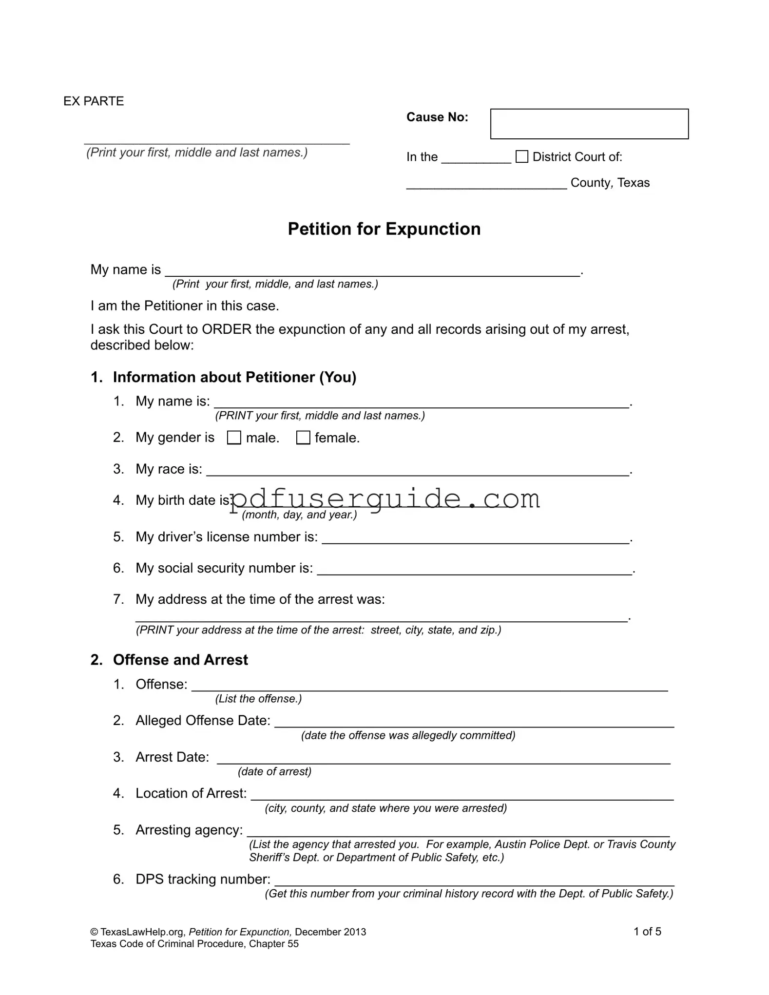 Free Petition Expunction Texas Form in PDF