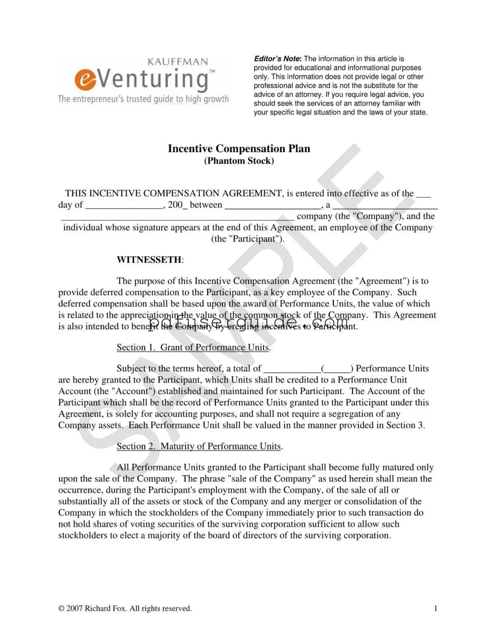 Free Phantom Compensation Plan Form in PDF