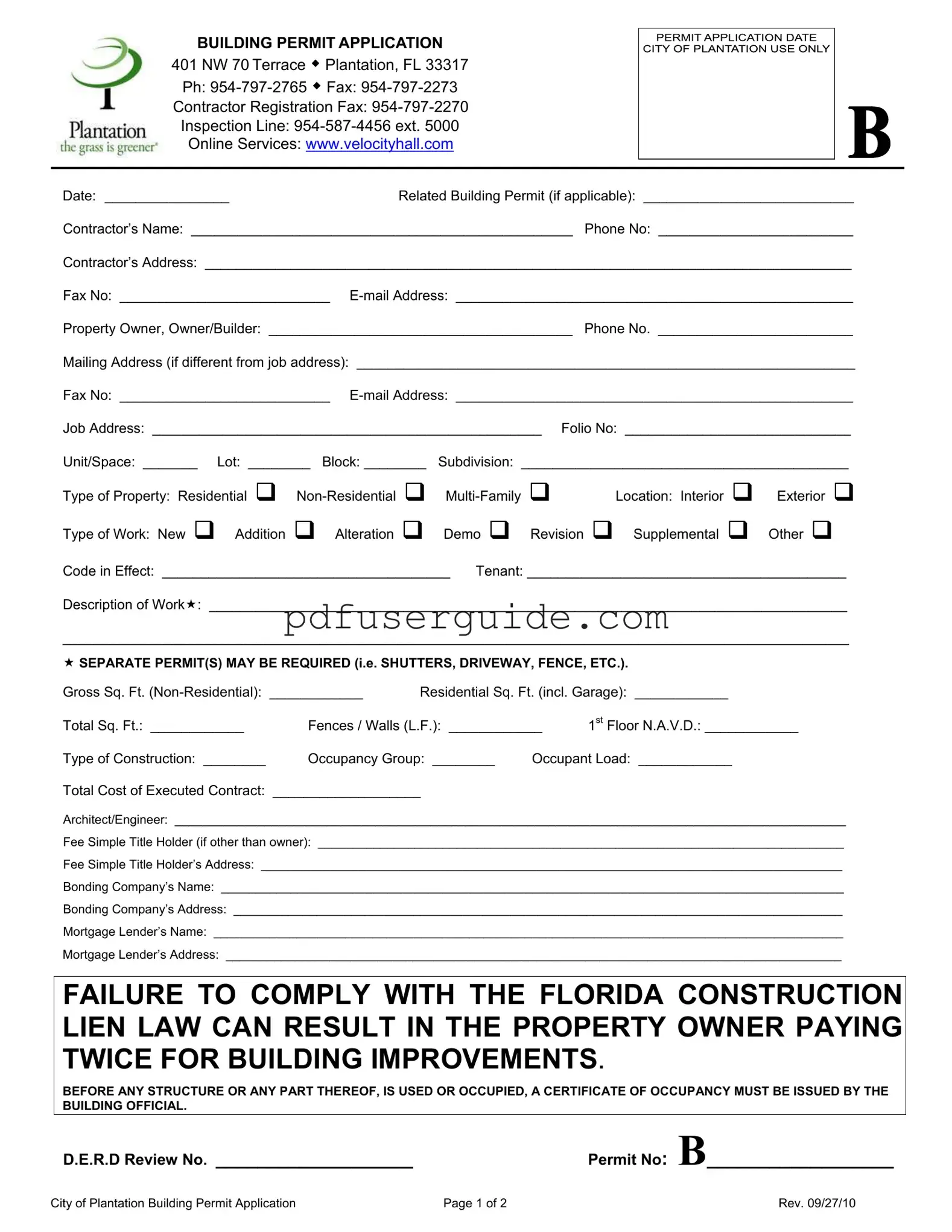 Free Plantation Building Permit Form in PDF