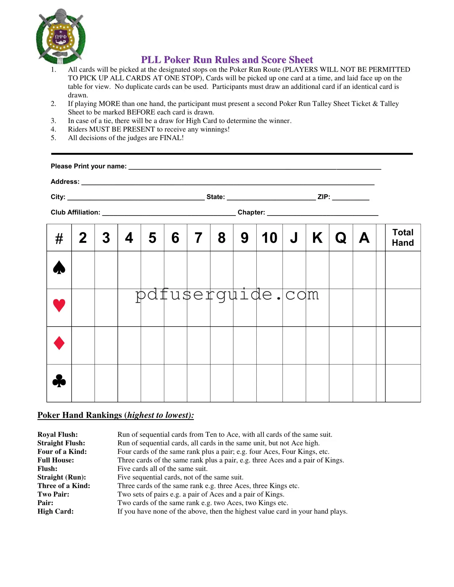 Free Pll Poker Run Rules Form in PDF