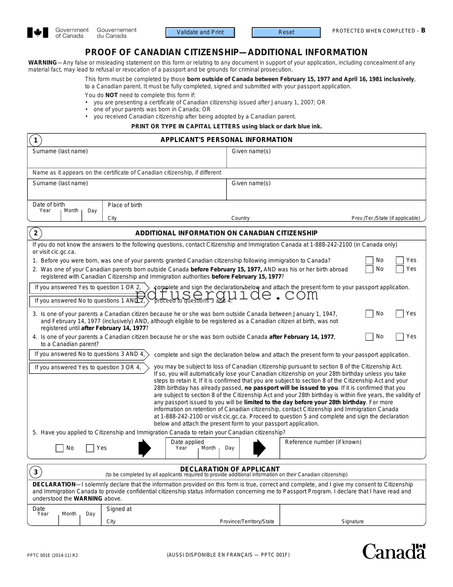 Free Pptc 001 Form in PDF