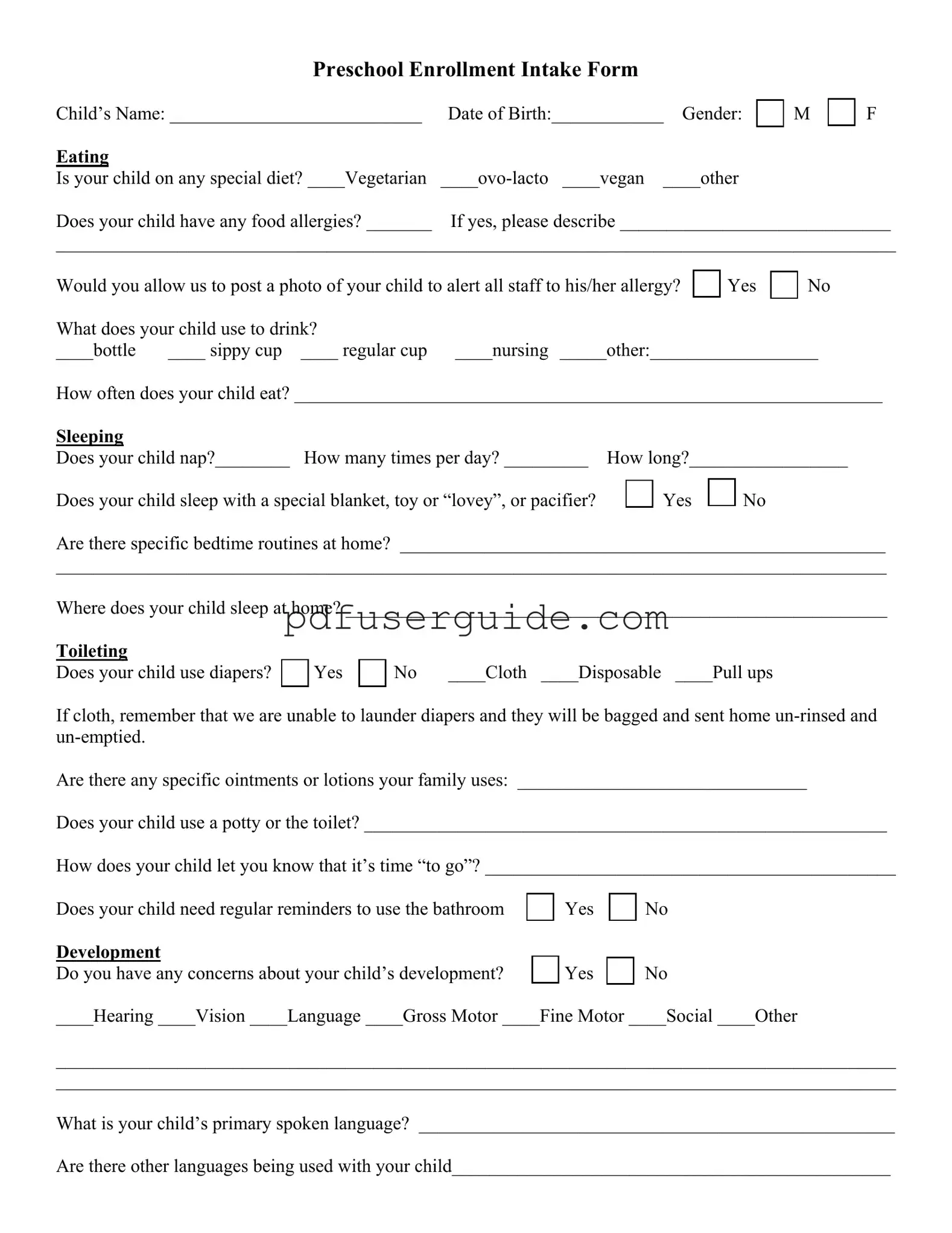 Free Preschool Enrollment Intake Form in PDF