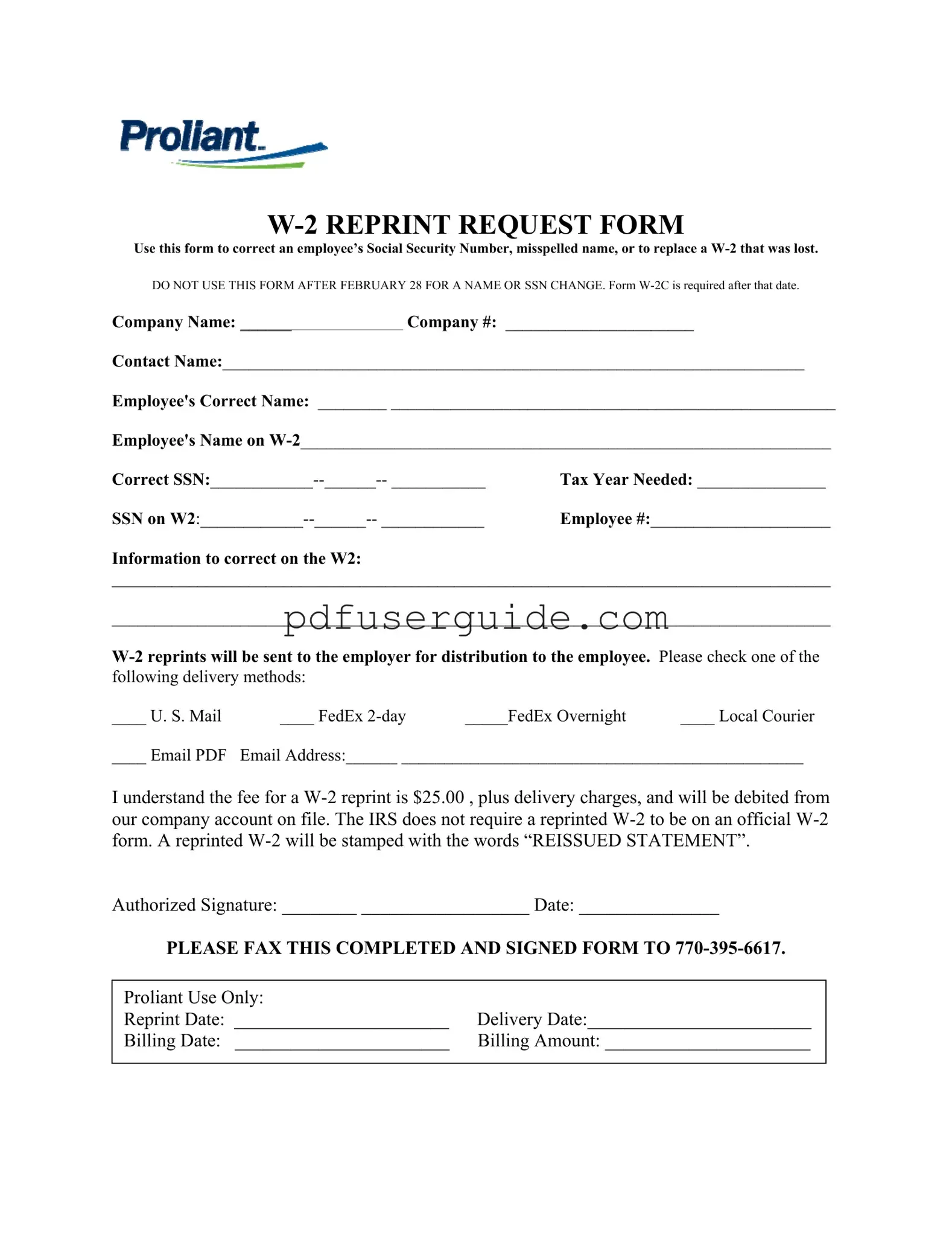 Free Proliant W2 Reprint Request Form in PDF