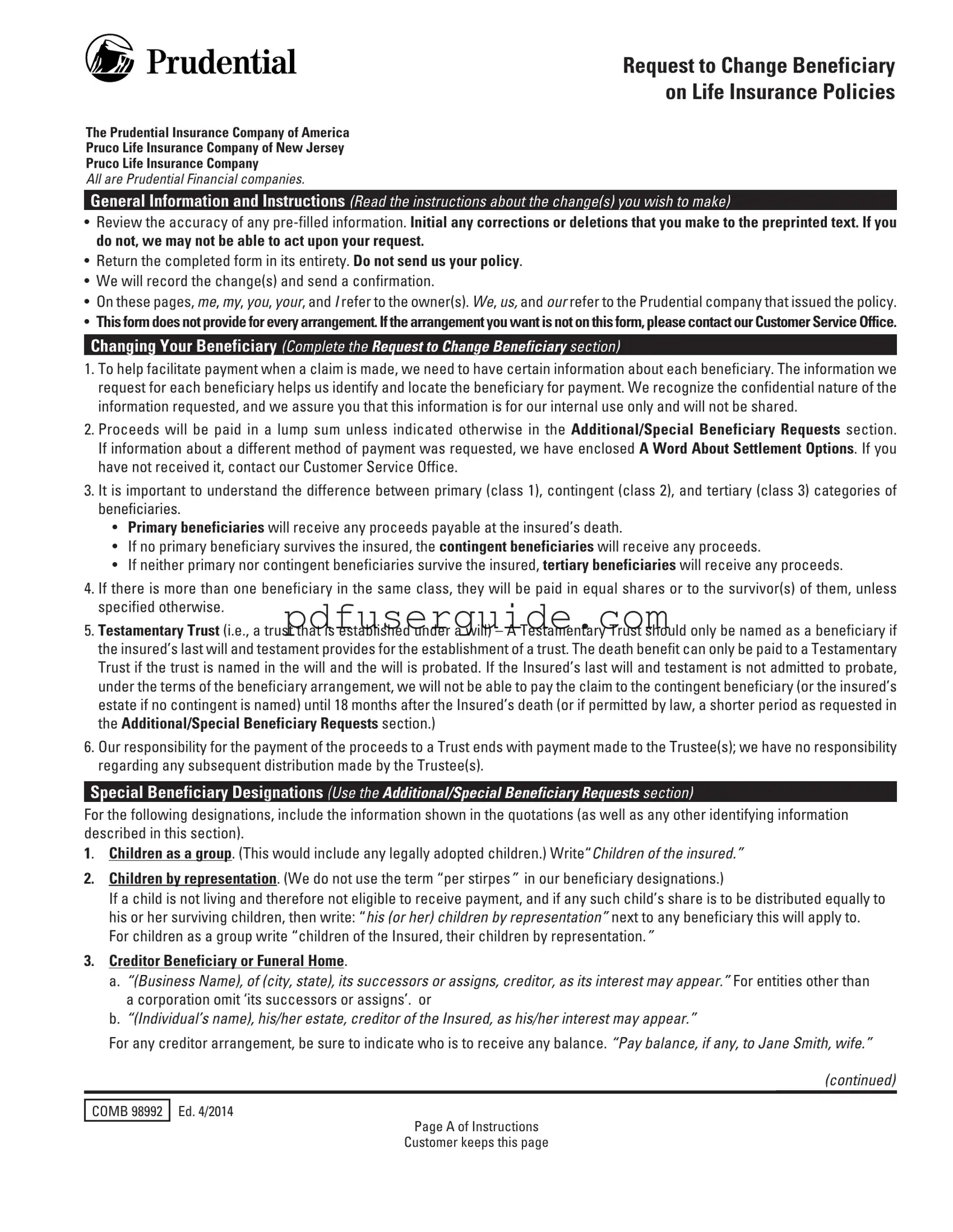 Free Prudential Change Beneficiary Form in PDF
