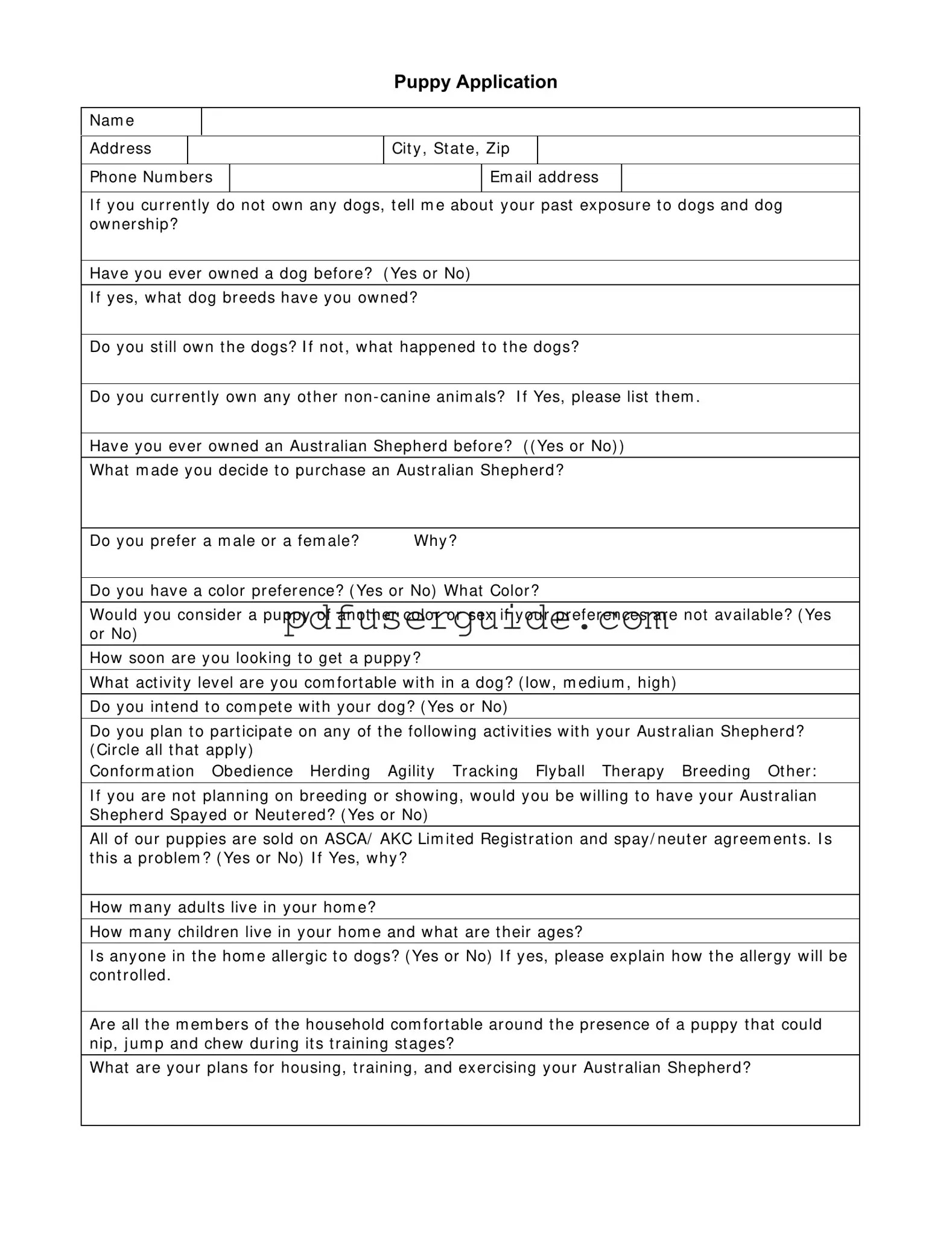 Free Puppy Application Form in PDF