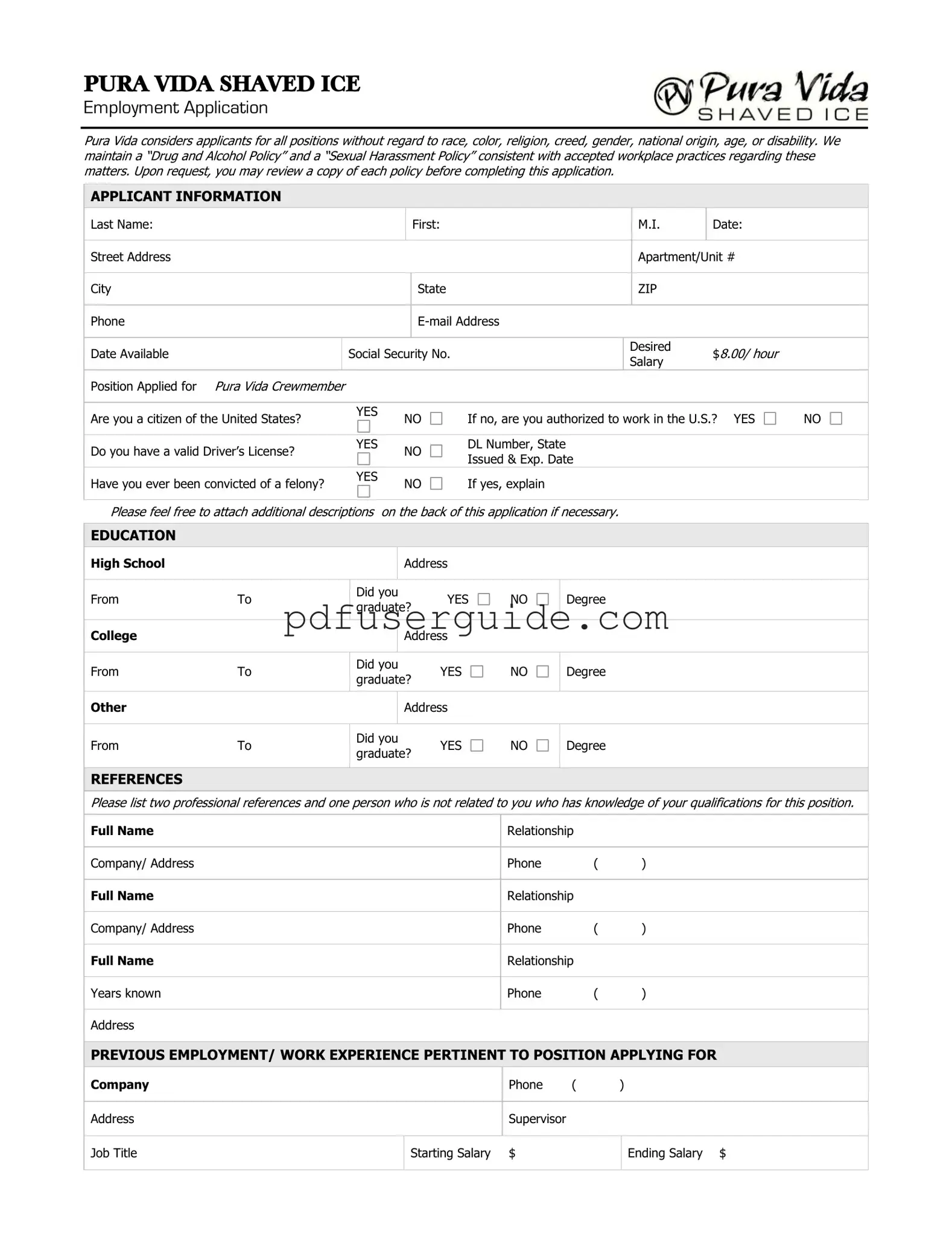 Free Pura Vida Job Application Form in PDF
