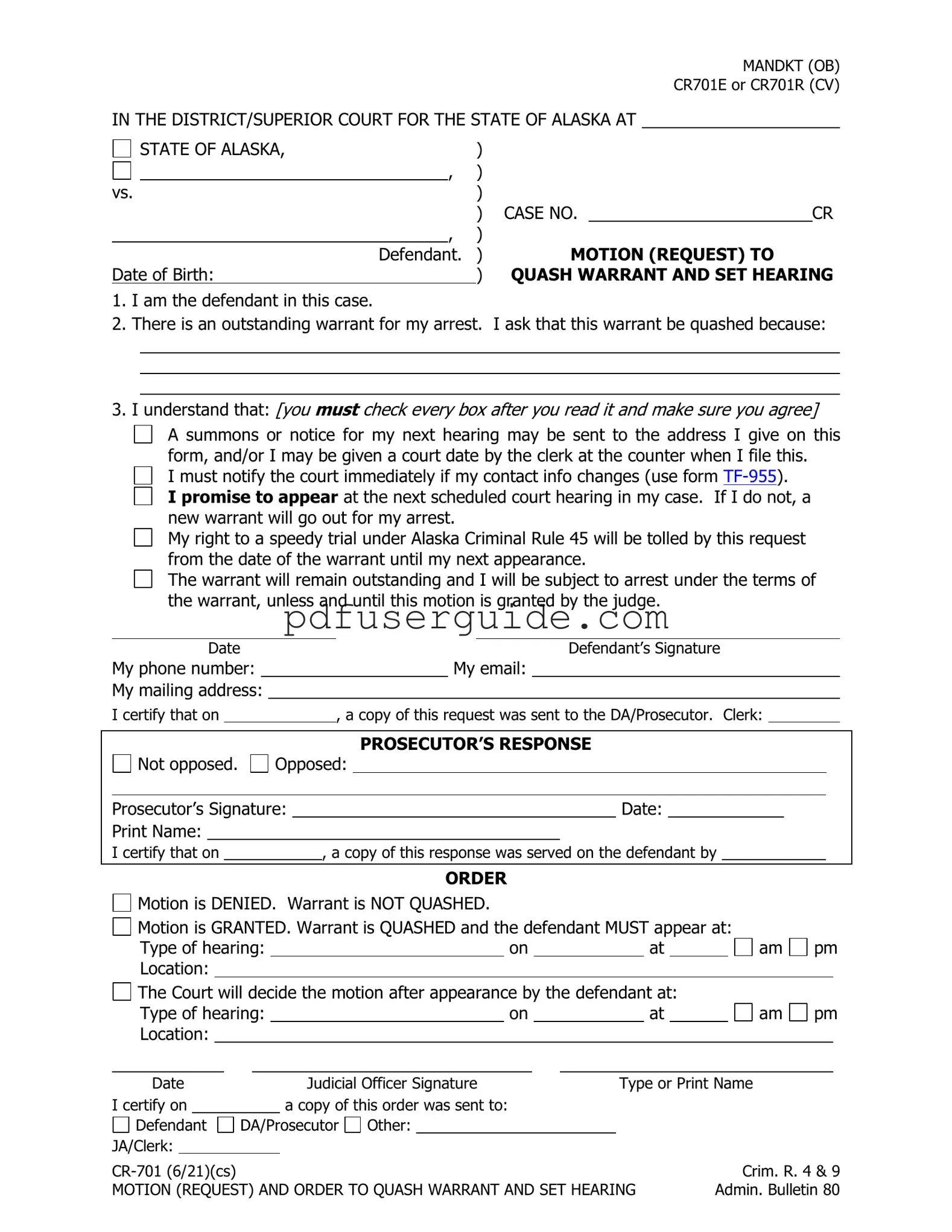Free Quash Warrant Request Form in PDF