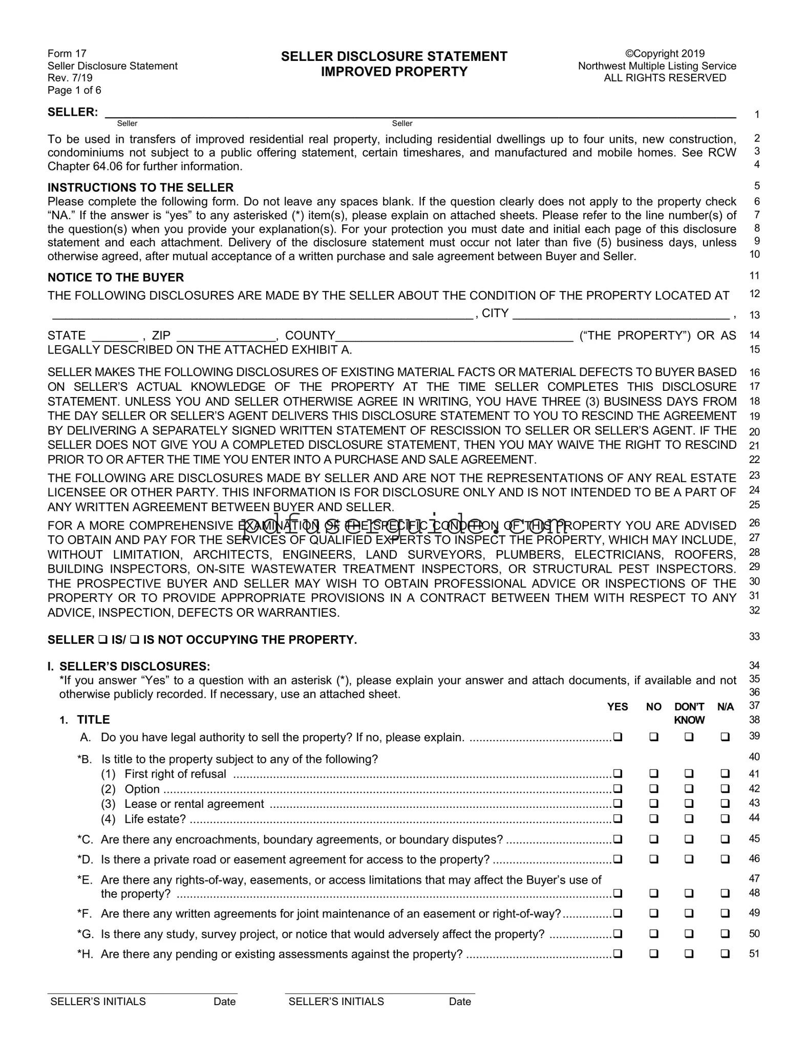 Free Real Estate Seller Disclosure 17 Form in PDF