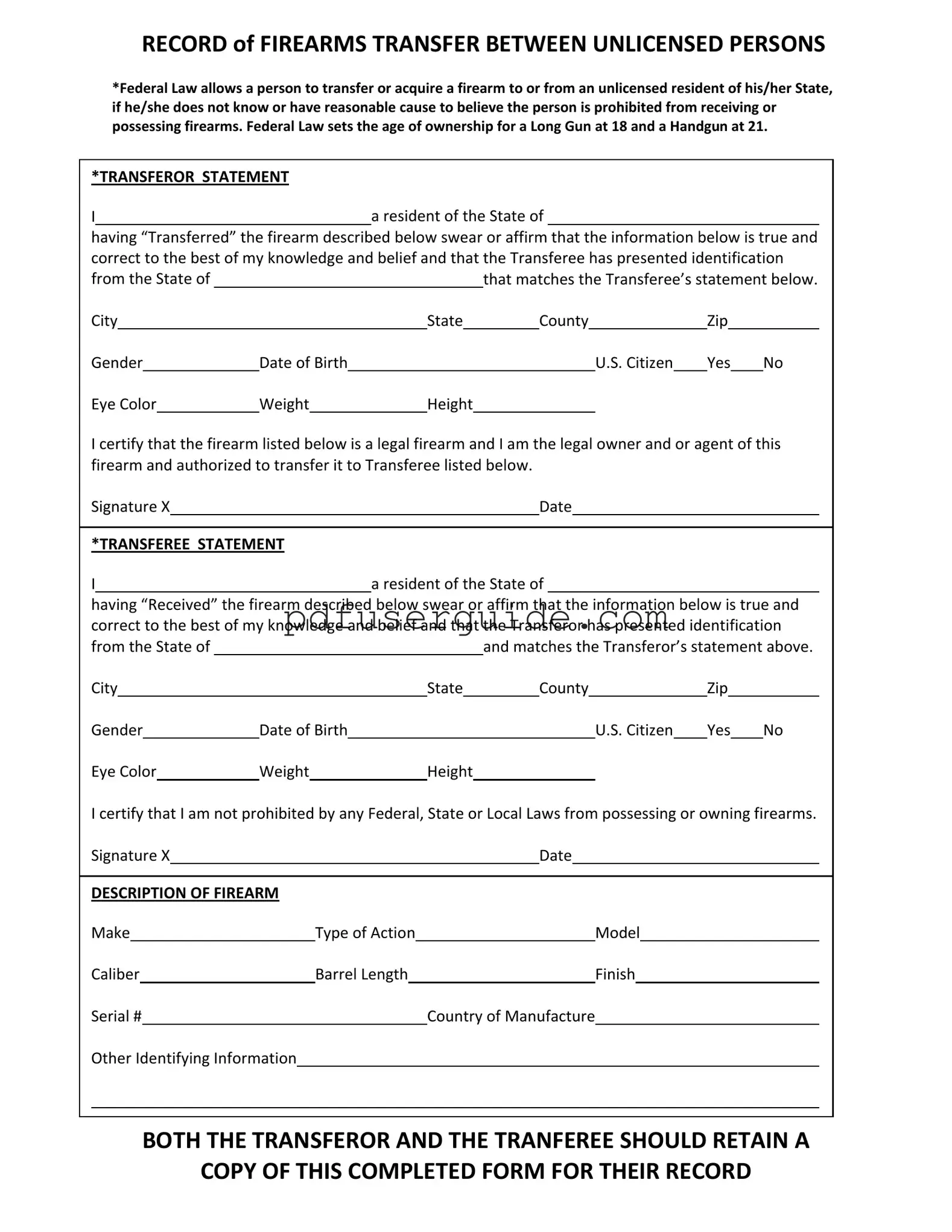 Free Record Of Firearms Transfer Form in PDF