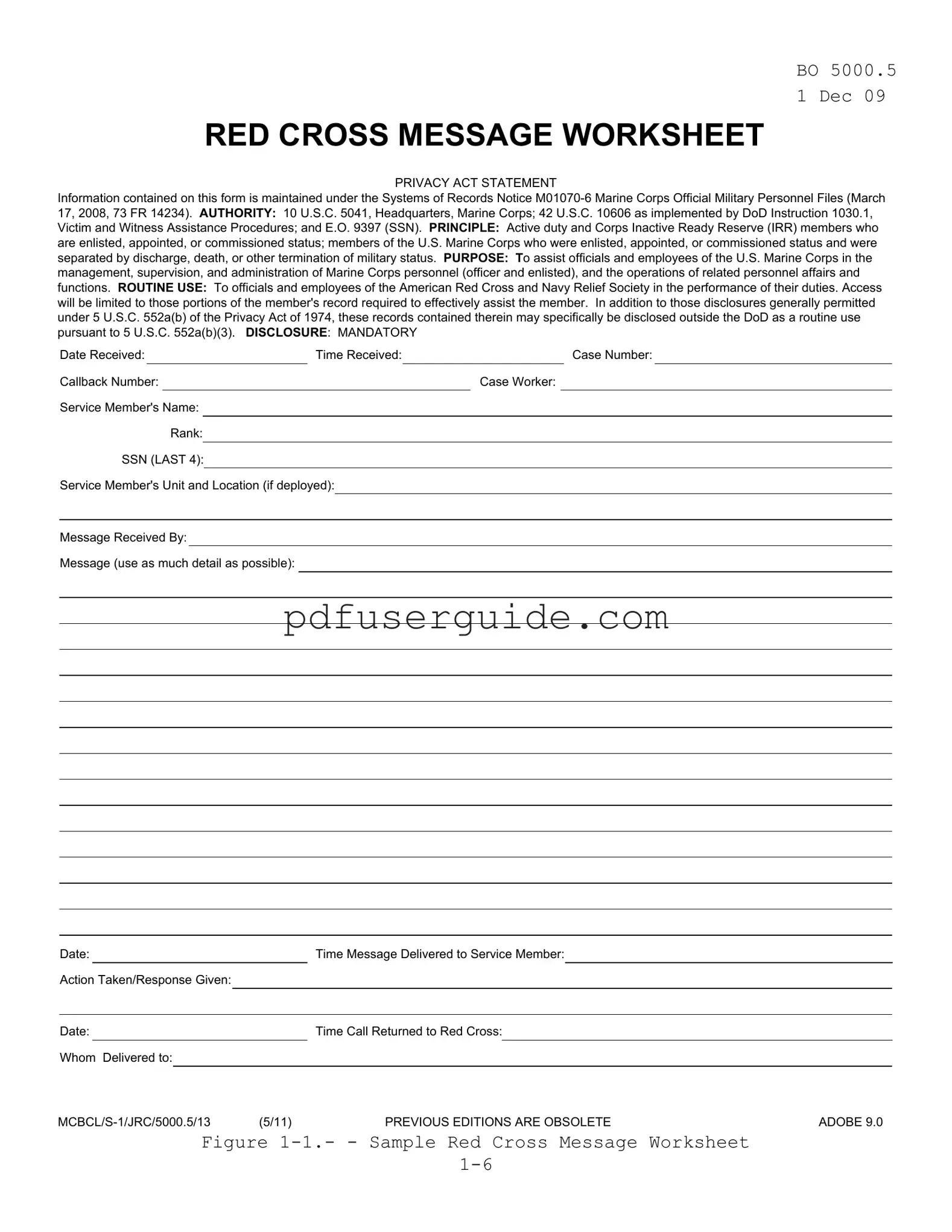 Free Red Cross Message Worksheet Army Form in PDF