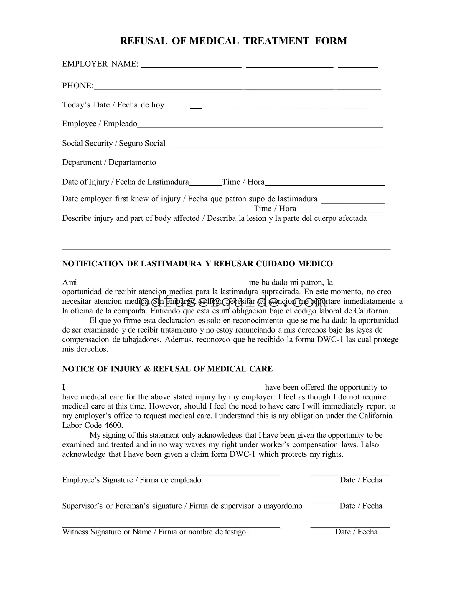 Free Refusal Of Medical Treatment Form in PDF