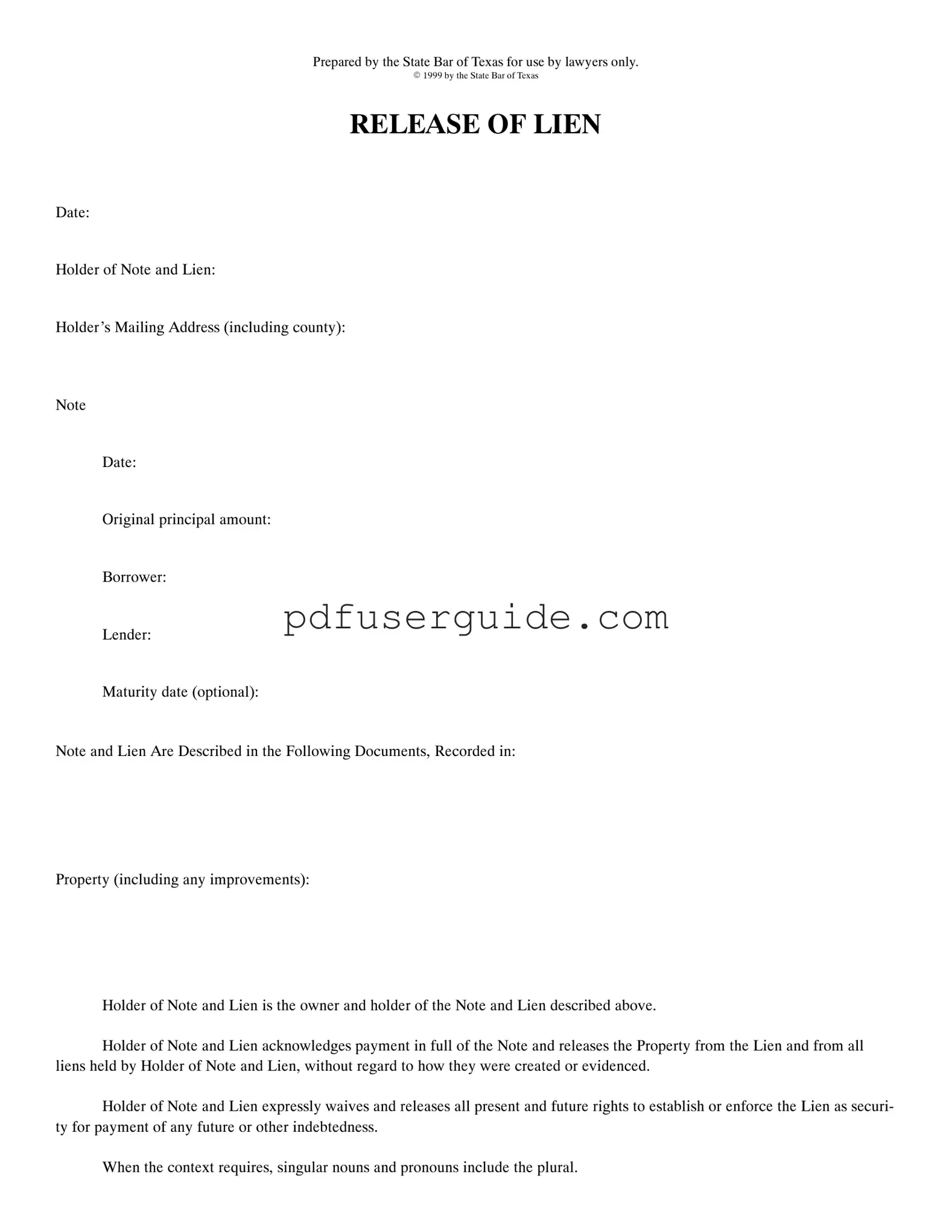 Free Release Of Lien Texas Form in PDF