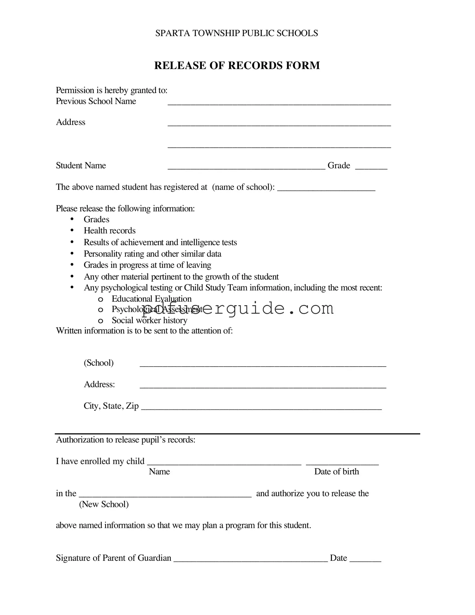 Free Release School Records Form in PDF