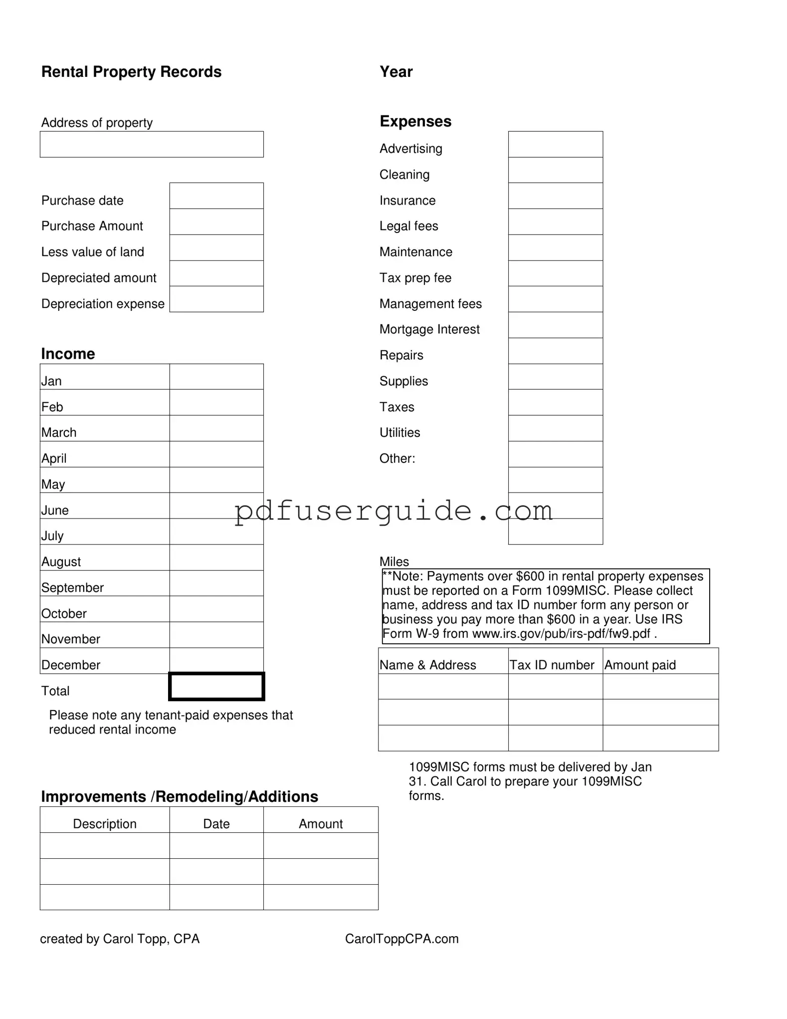 Free Rental Property Expenses Form in PDF