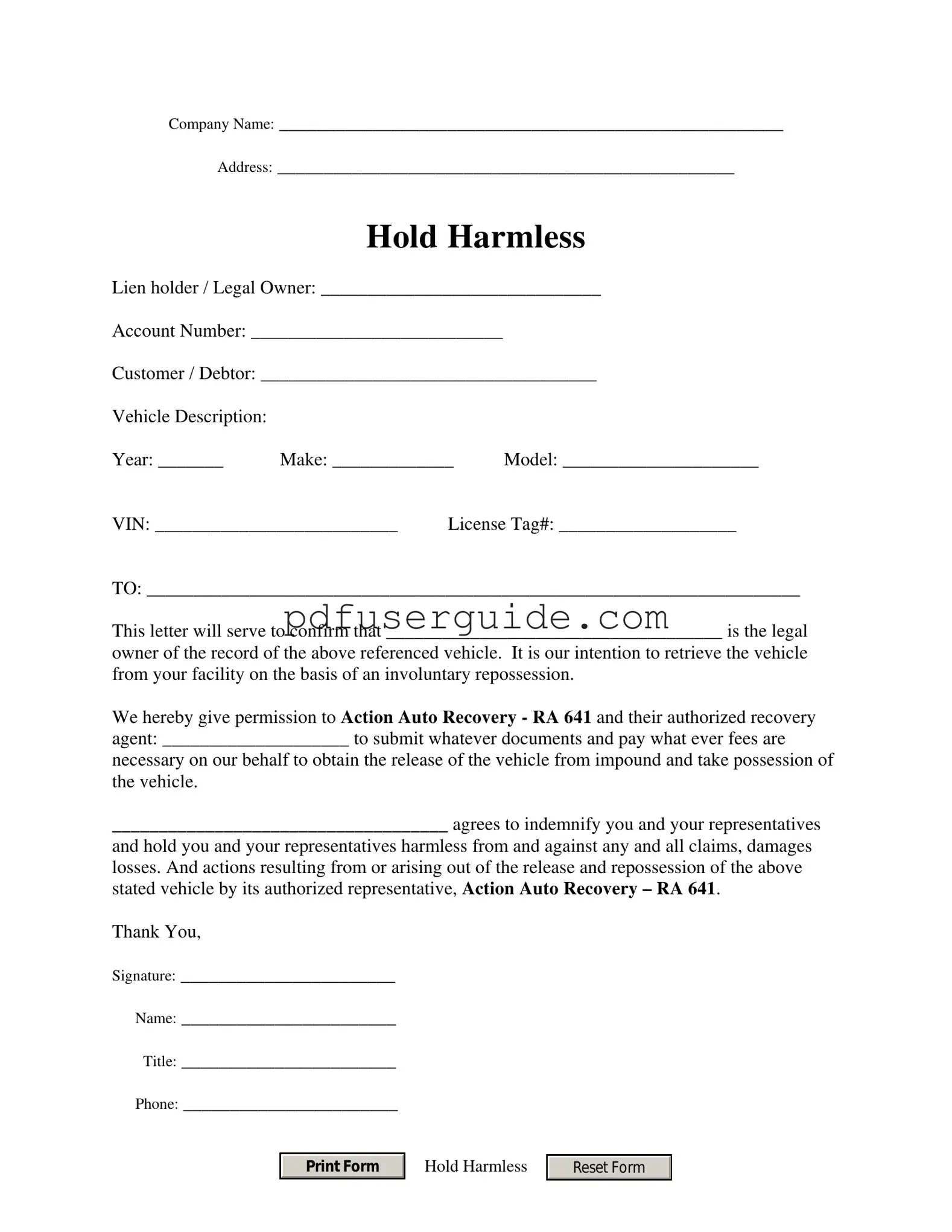 Free Repo Order Form in PDF