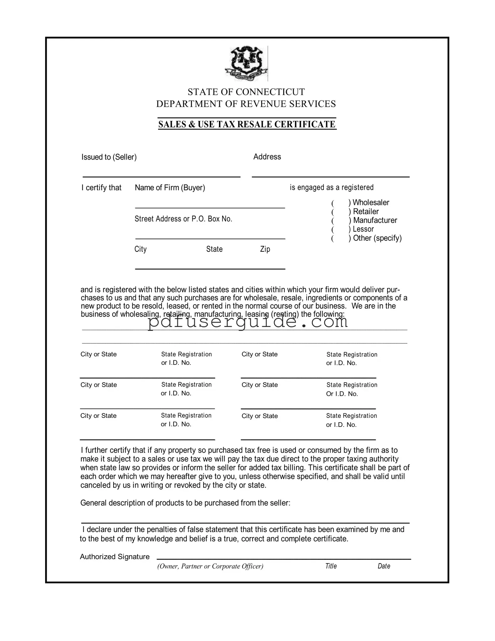 Free Ct Resale Certificate Form in PDF