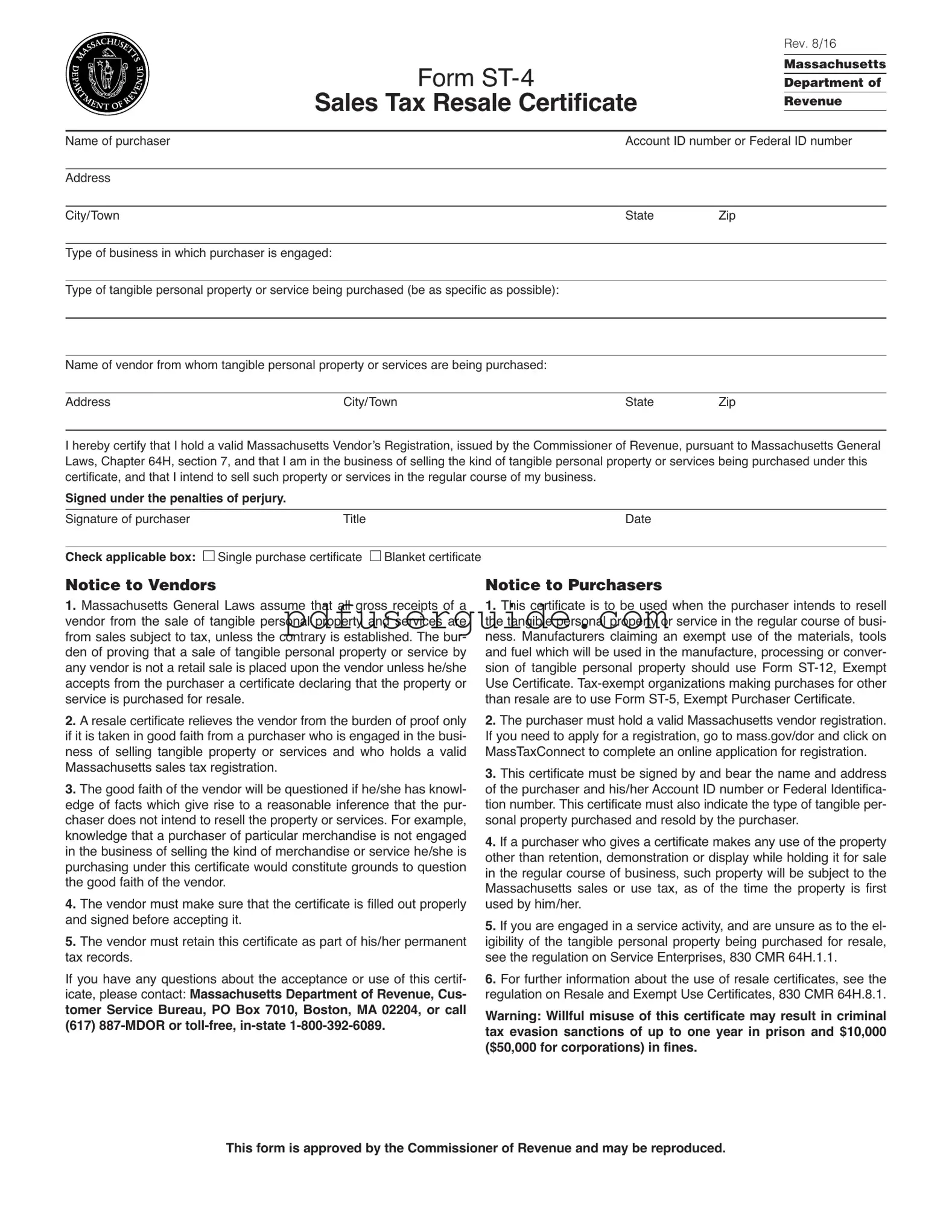 Free Ma Resale Certificate Form in PDF