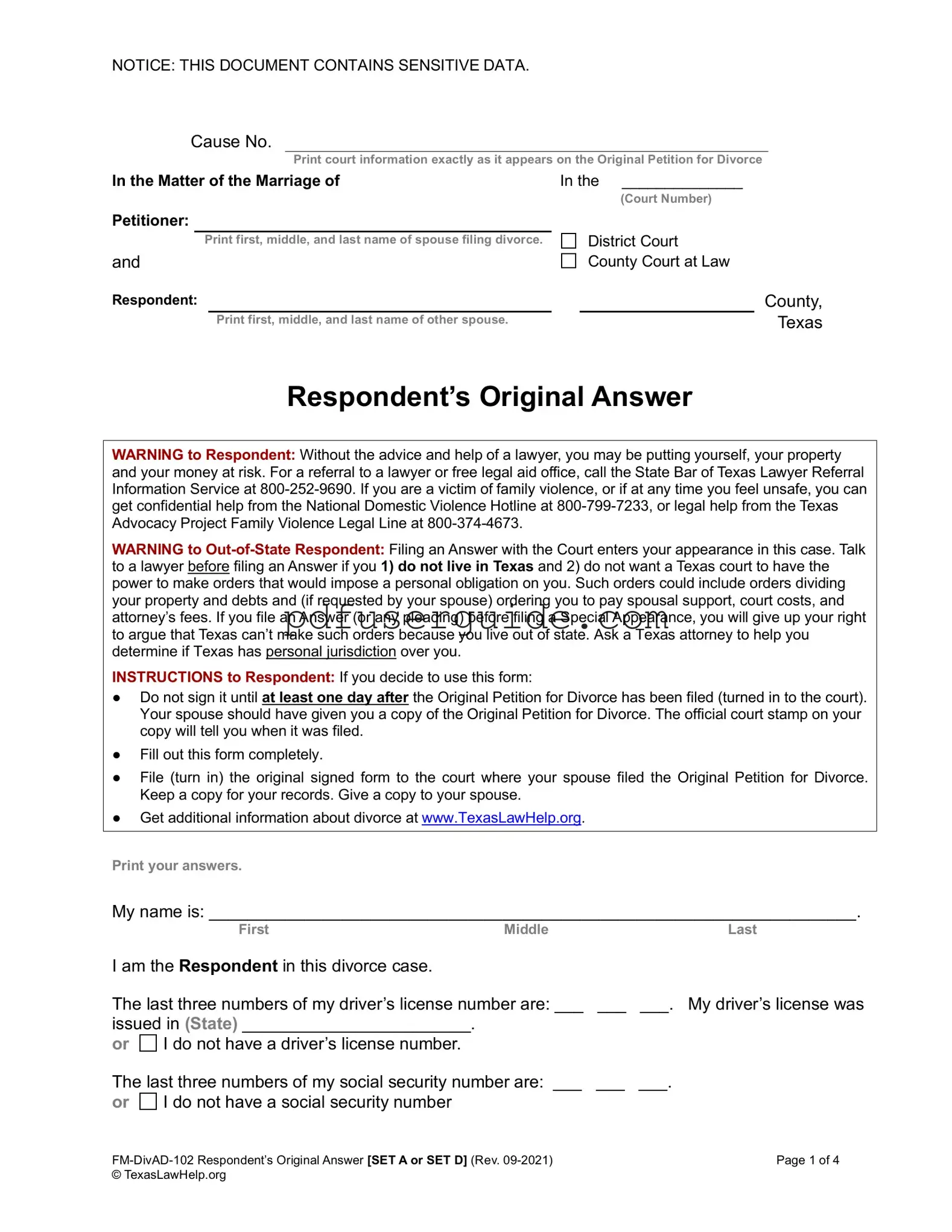 Free Respondent's Original Answer Form in PDF