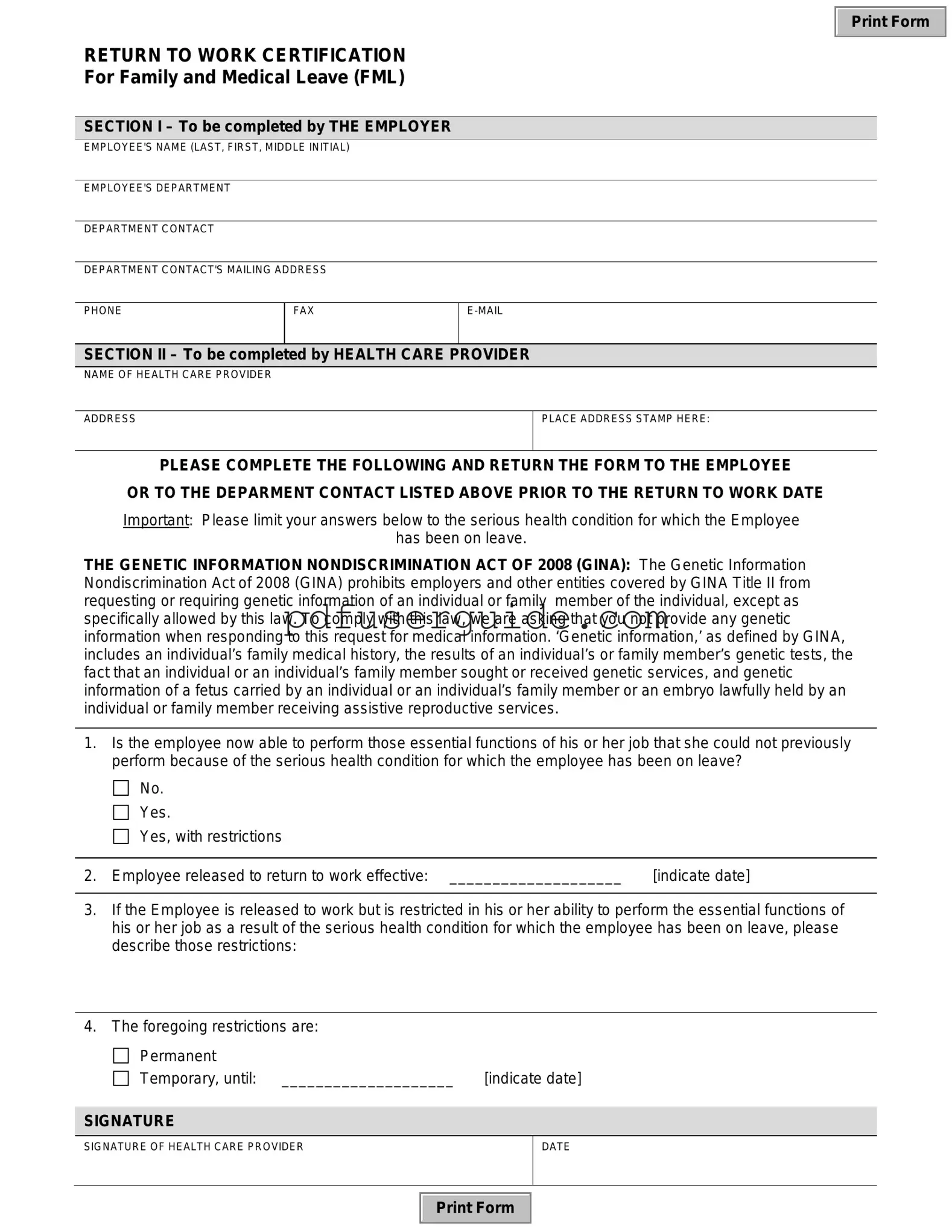Free Return Work Medical Certification Form in PDF