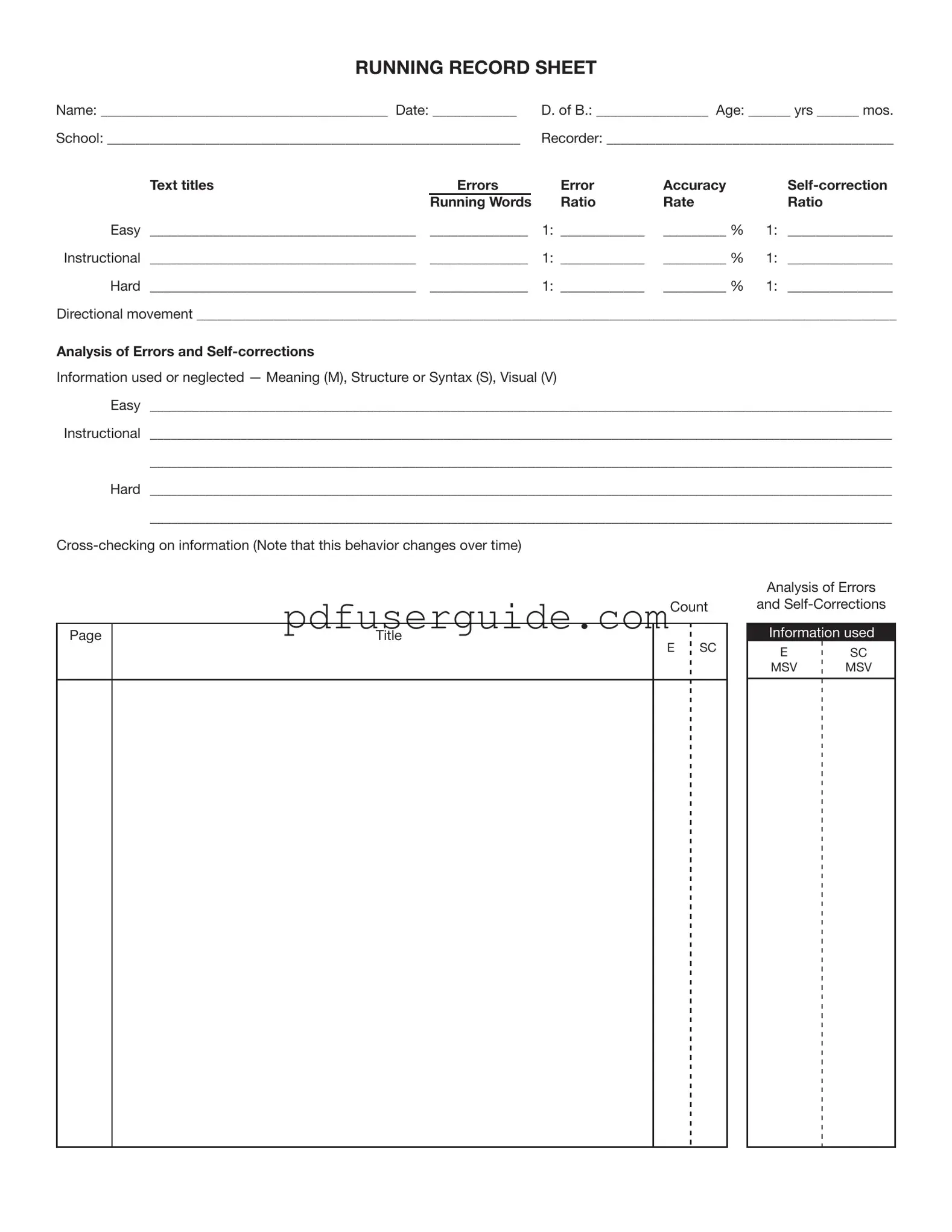 Free Running Record Sheet Form in PDF