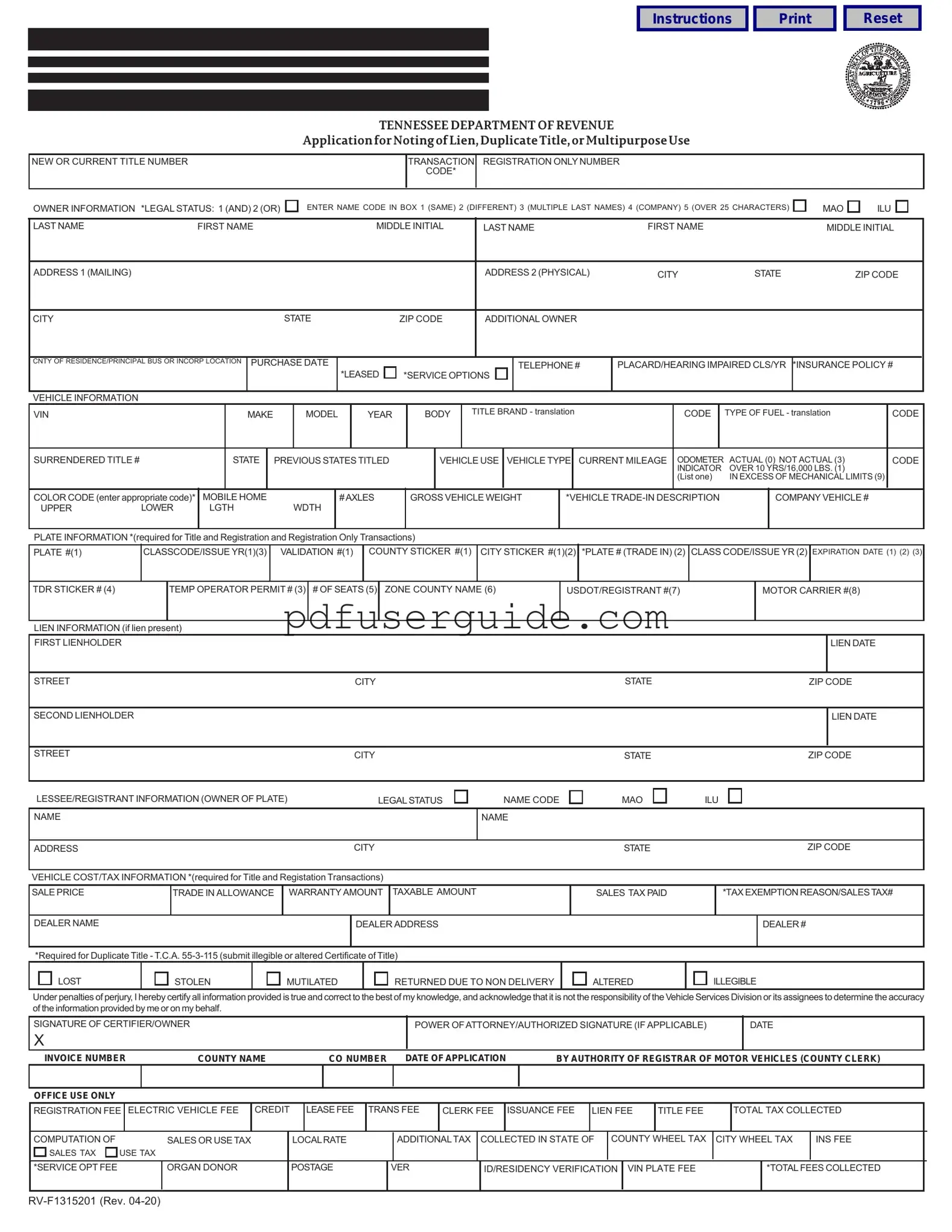 Free Rv F1315201 Form in PDF