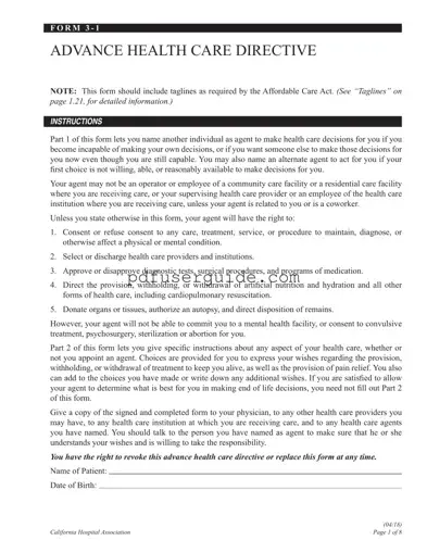 Free 3 1 Health Care Directive Form in PDF