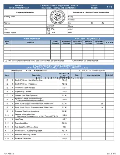 Free 5 Year Fire Sprinkler Inspection Form in PDF