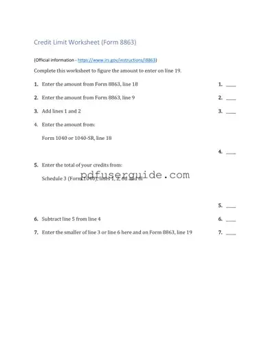 Free 8863 Credit Limit Worksheet Form in PDF