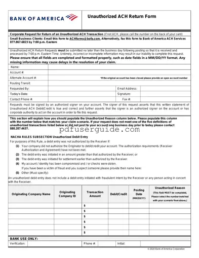 Free Ach Transfer Bank Of America Form in PDF