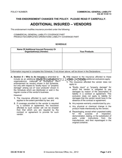 Free Additional Insured Vendors Form in PDF