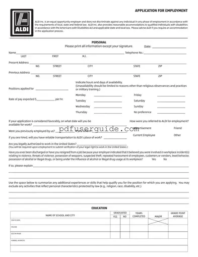 Free Aldi Application Form in PDF