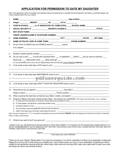 Free Application Date Daughter Form in PDF