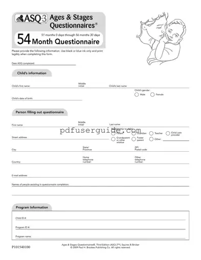 Free Asq 54 Month Questionnaire Form in PDF