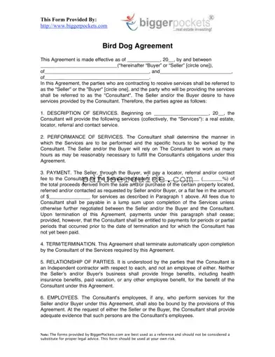 Free Bird Dog Agreement Form in PDF