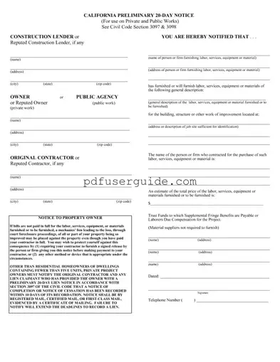 Free California Preliminary 20 Day Notice Form in PDF