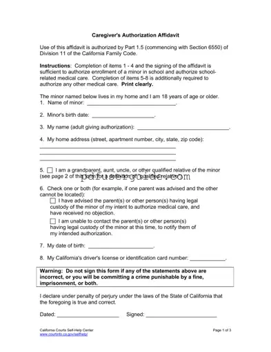 Free Caregivers Authorization Affidavit Form in PDF